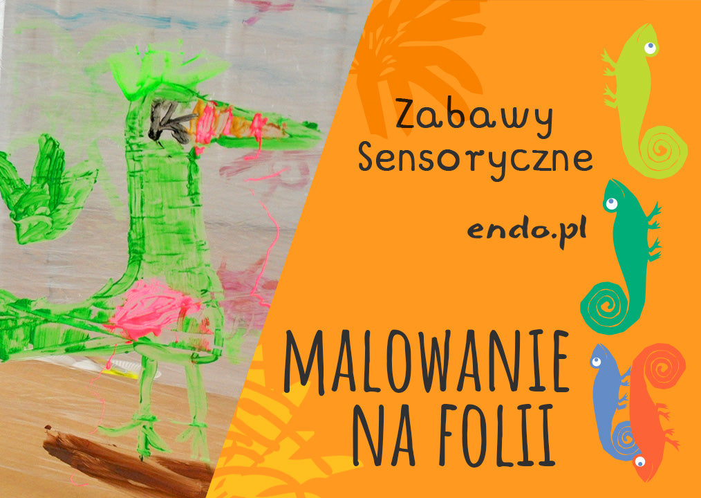 Malowanie na folii stretch|Dziecko malujące dłonią na folii spożywczej.|Dziewczynka prezentująca swoje dzieło na rozciągniętej folii stretch.|Chłopiec sięgający po farby do malowania na rozciągniętej dla folii stretch.|Dzieci siedzące koło stołu z naci...