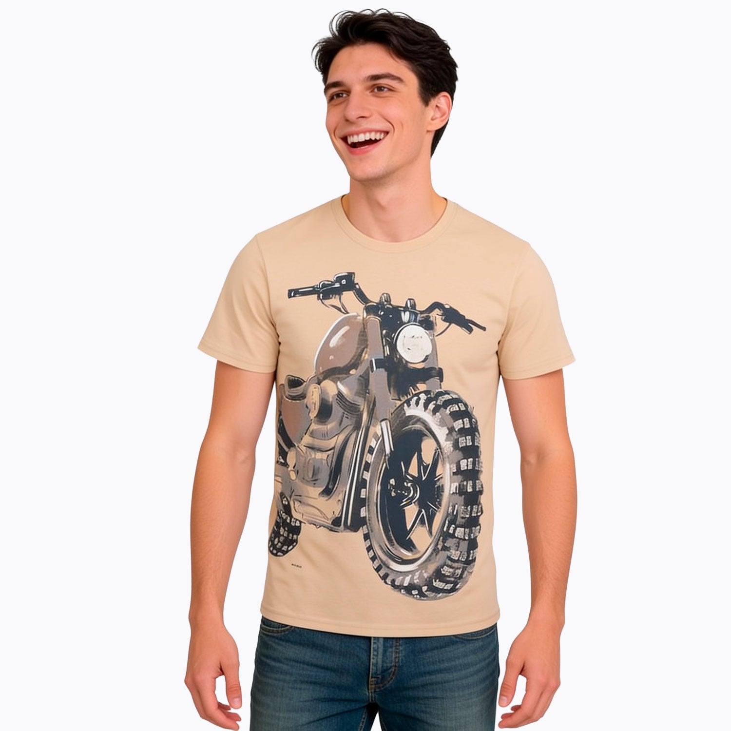Męski t-shirt z krótkim rękawem, z motocyklem, beżowy