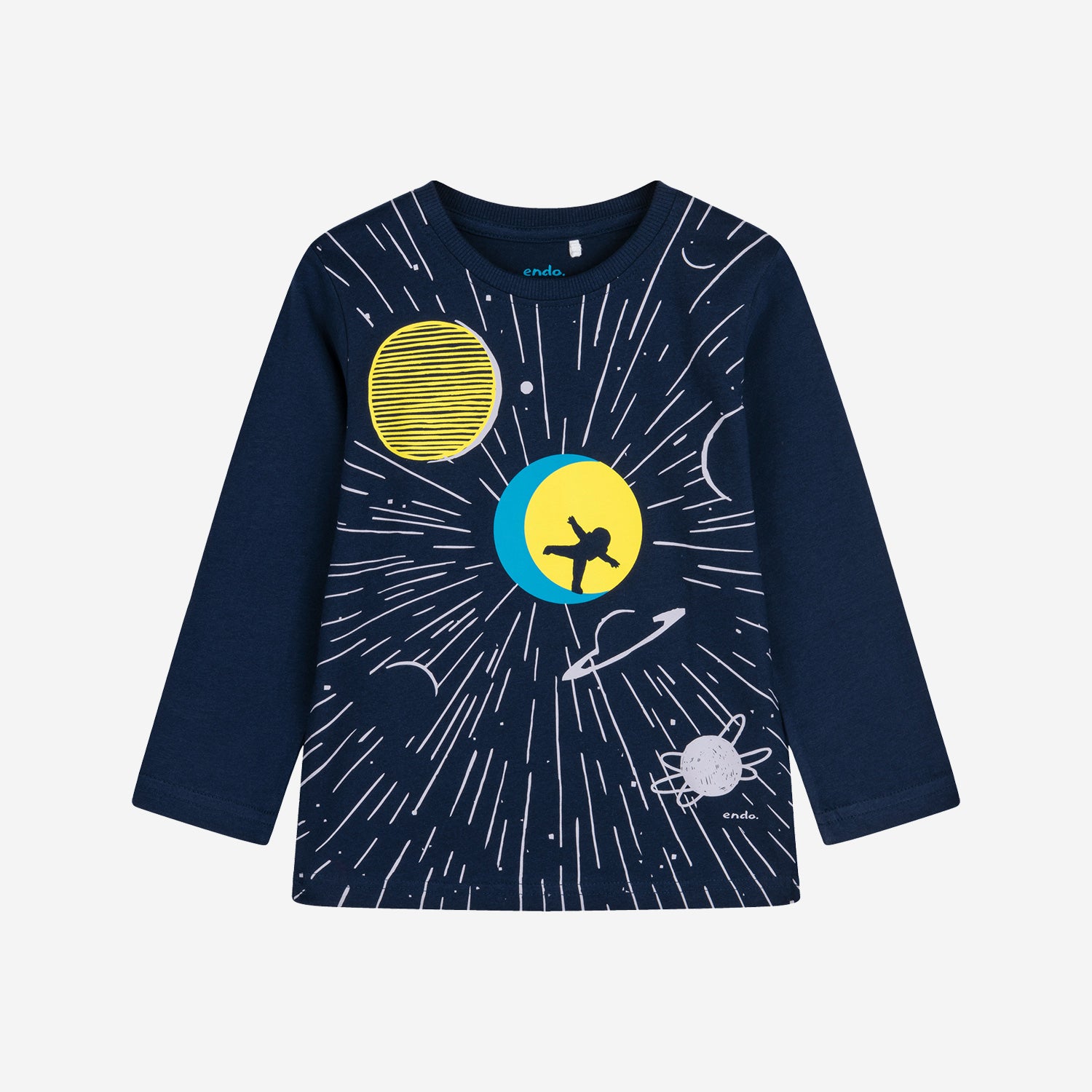 Boy's long-sleeved T-shirt with an astronaut in space motif, navy blue, 3-8 years old