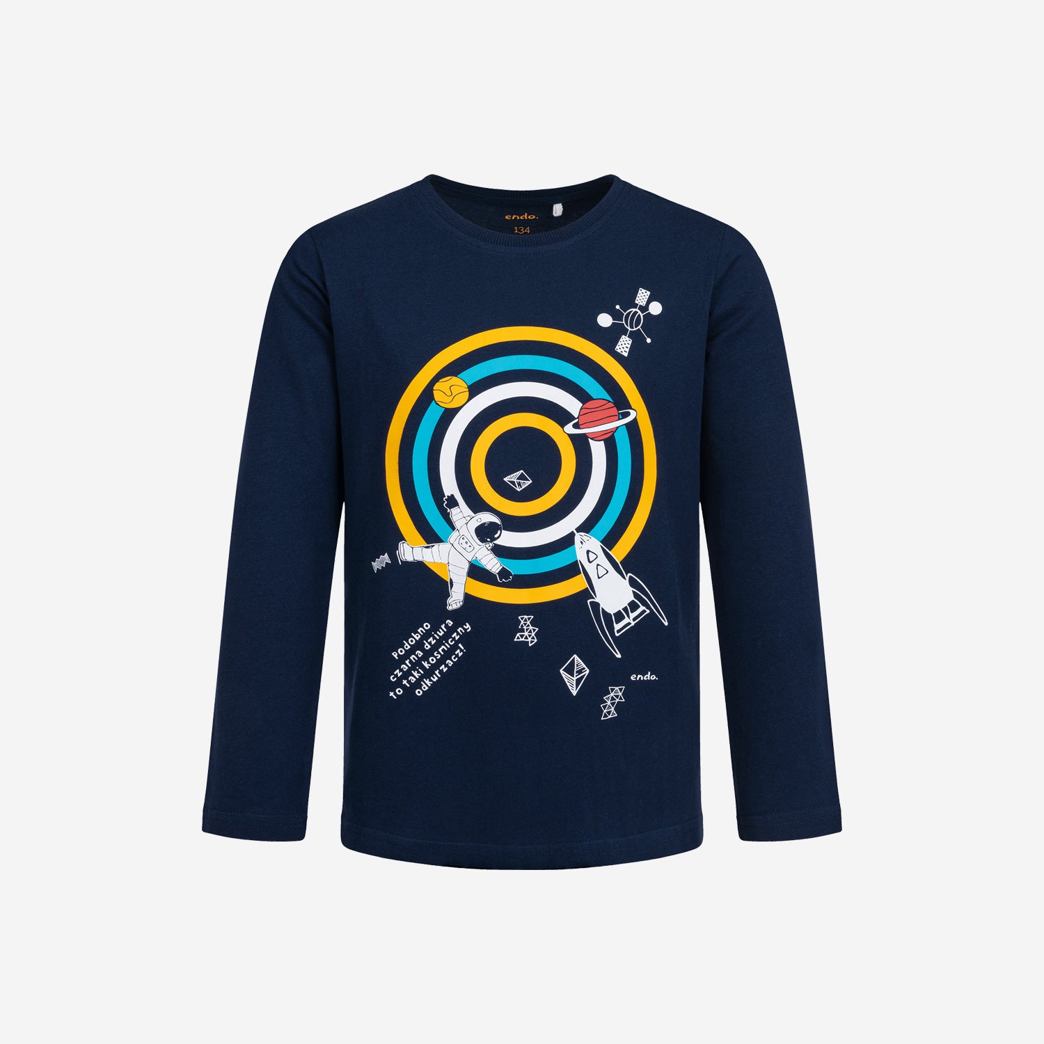 Long-sleeved T-shirt for a boy, with a space motif and the inscription "apparently a black hole is a space vacuum cleaner", navy blue, 9-13 years old