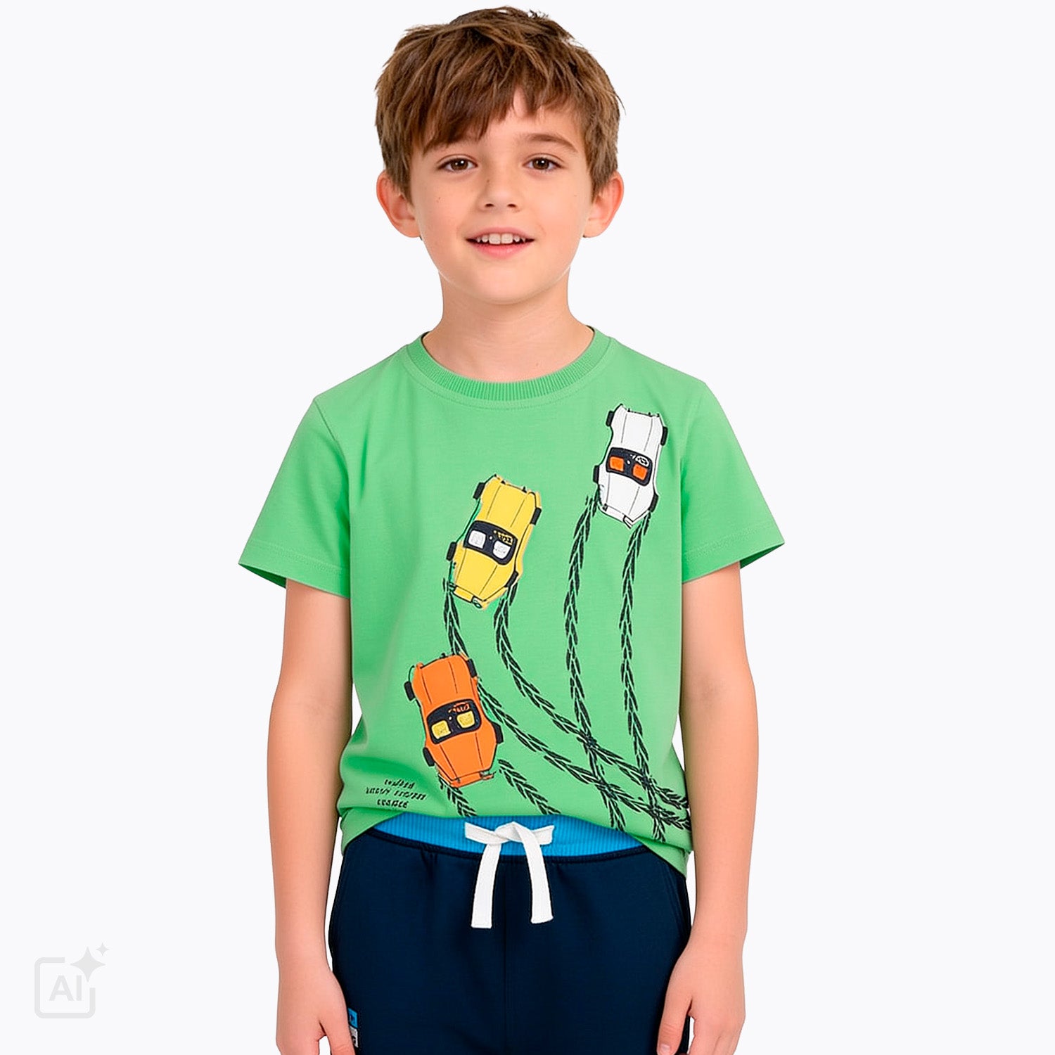 T-shirt z krótkim rękawem dla chłopca 3-8 lat, zielony z motorówkami