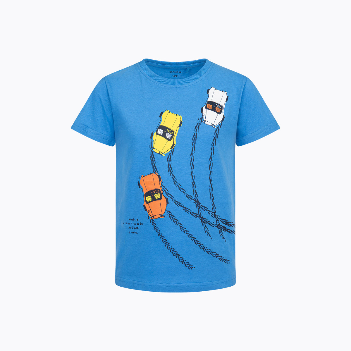 T-shirt z krótkim rękawem dla chłopca 3-8 lat, niebieski z samochowami
