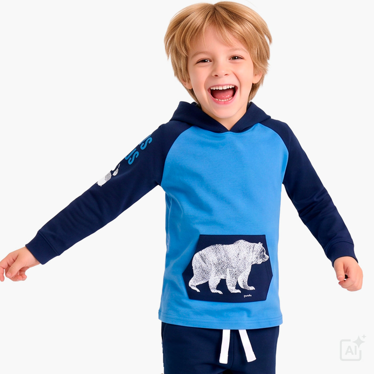 T-shirt z długim rękawem dla chłopca 5-8 lat, niebieski z niedźwiedziem