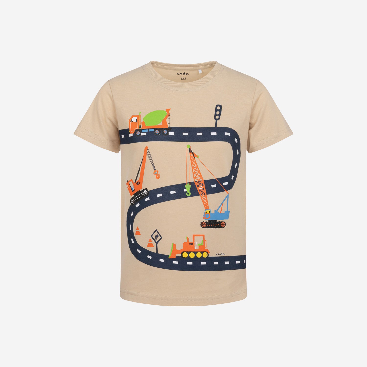 T-shirt z krótkim rękawem dla chłopca, z pojazdami budowlanymi, beżowy 2-7 lat