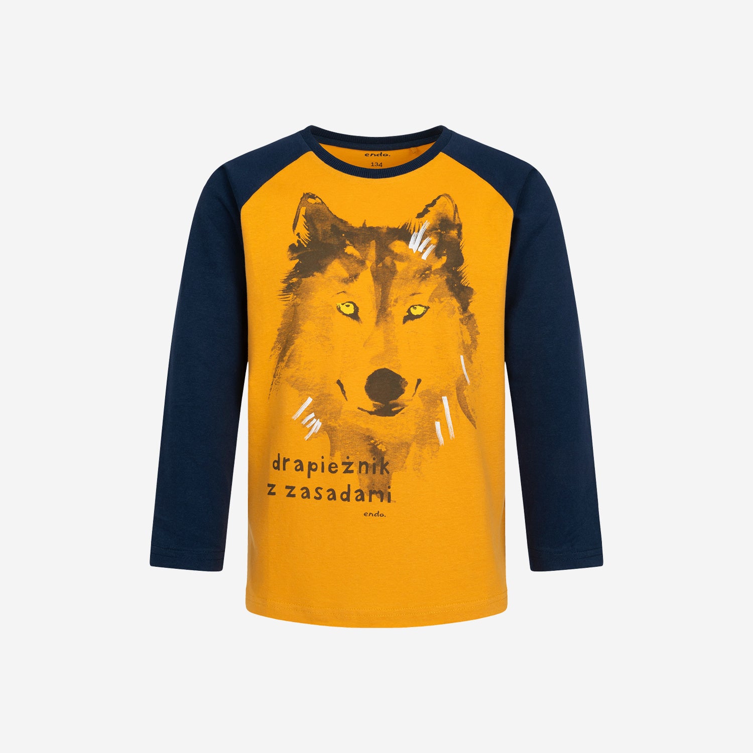 T-shirt z długim rękawem dla chłopca, z wilkiem, pomarańczowy 9-13 lat