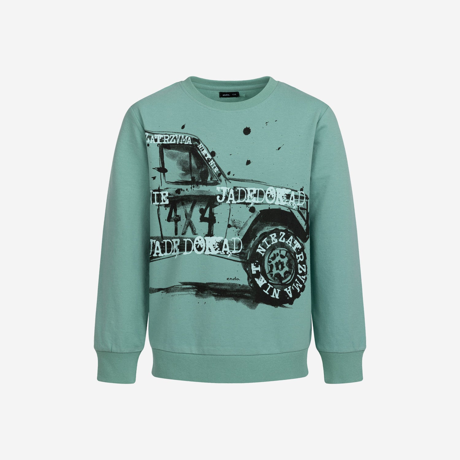 Boy's sweatshirt with a vehicle, green, 9-13 years old