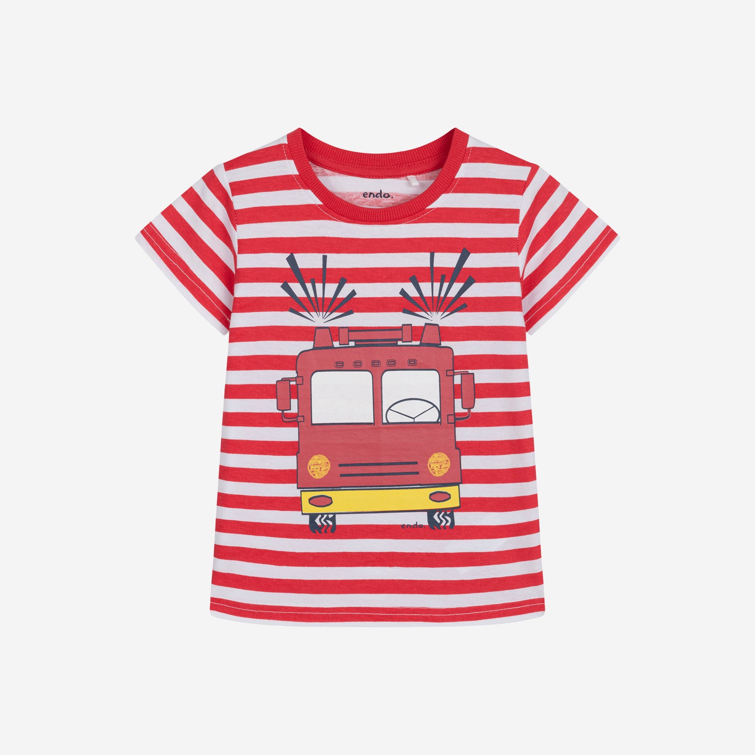 T-shirt z krótkim rękawem dla chłopca, z wozem strażackim, w paski 3-8 lat