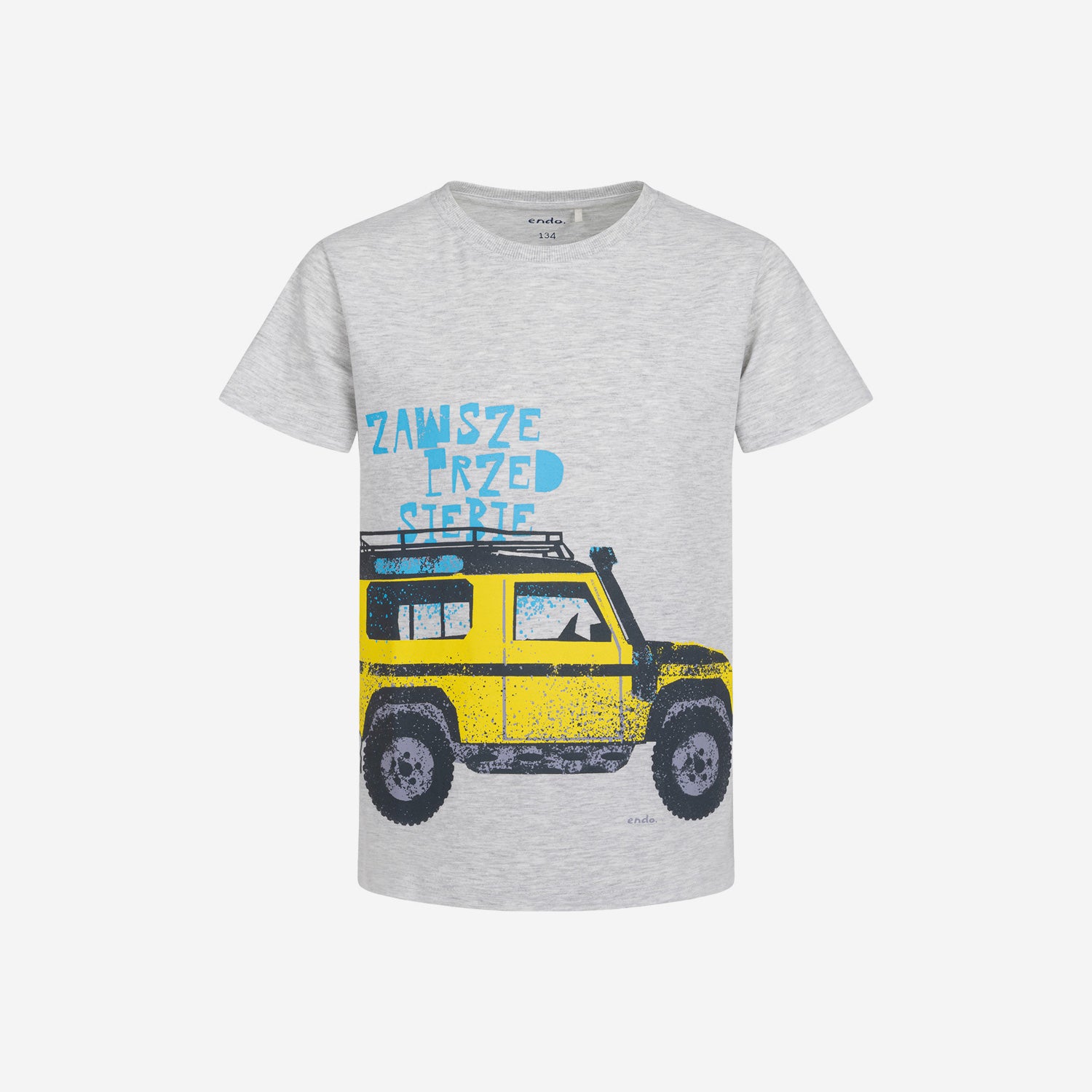 T-shirt z krótkim rękawem dla chłopca, z autem terenowym, szary 9-13 lat