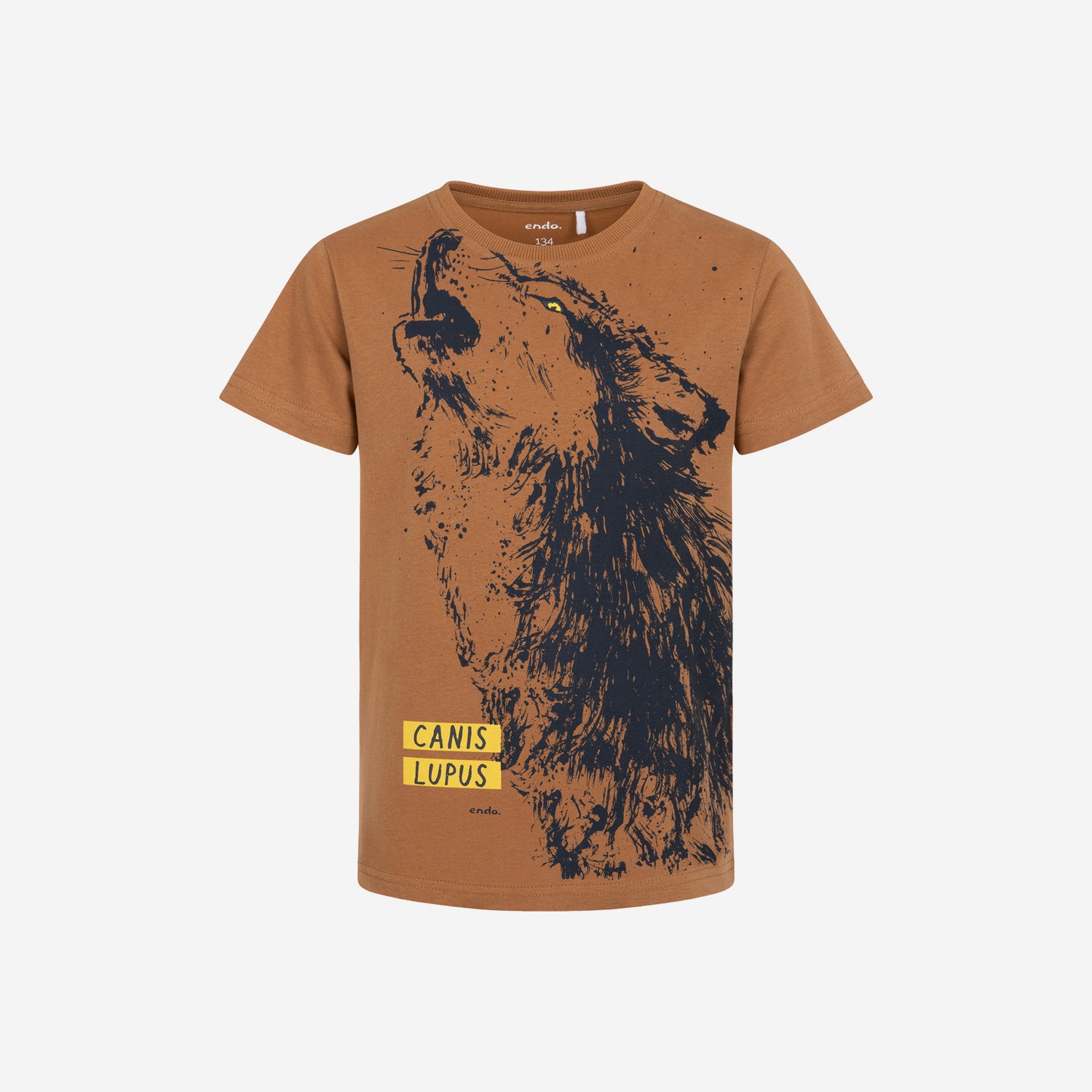 T-shirt z krótkim rękawem dla chłopca, z wilkiem, brązowy 9-13 lat