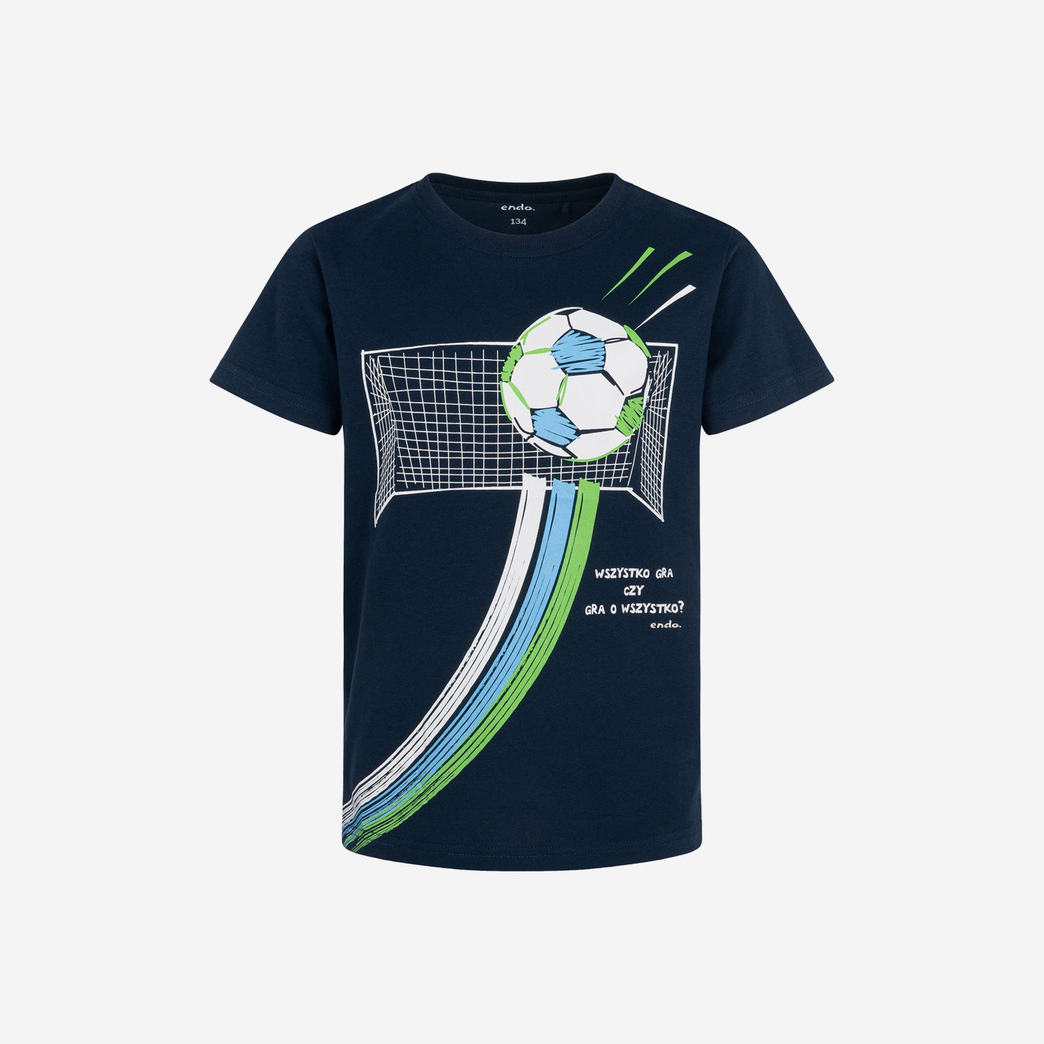 T-shirt z krótkim rękawem dla chłopca, z motywem piłkarskim, granatowy 9-13 lat