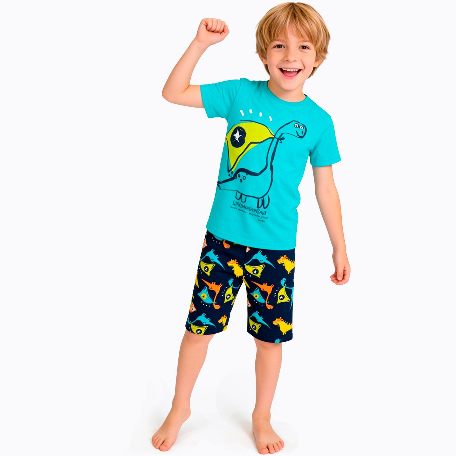 Boy's short-sleeved dinosaur pajama, green, 3-8 years old