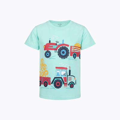 T-shirt z krótkim rękawem dla chłopca 2-7 lat, jasnoniebieski "traktory"