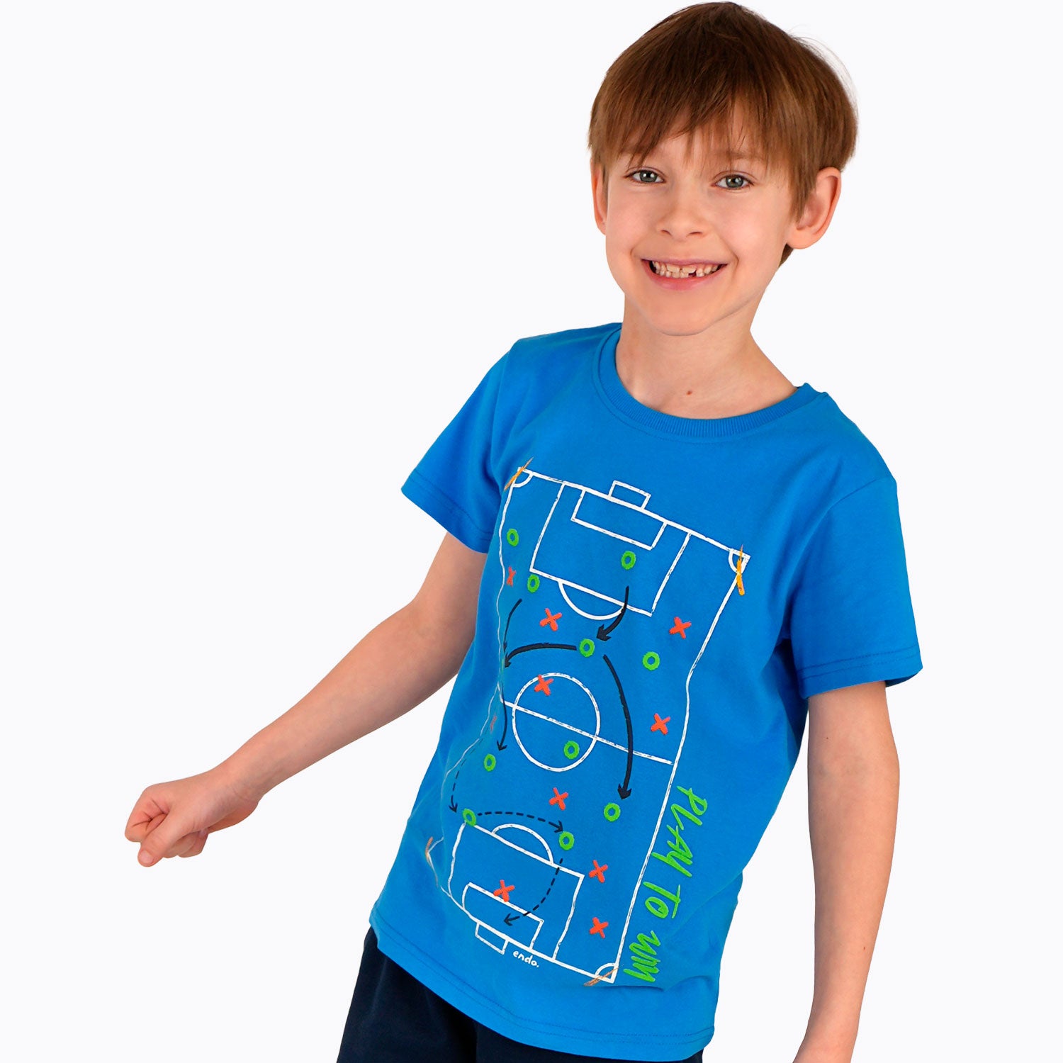 T-shirt z krótkim rękawem dla chłopca, z boiskiem do piłki nożnej, niebieski 9-13 lat