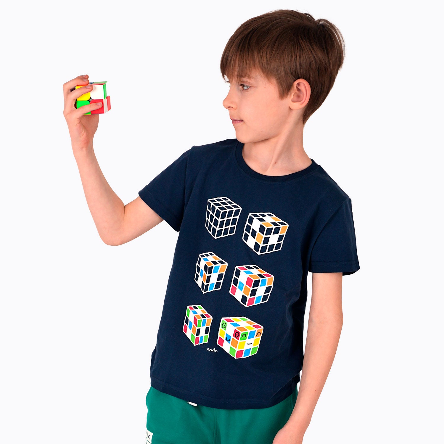 T-shirt z krótkim rękawem dla chłopca, z kostkami Rubika, granatowy 9-13 lat