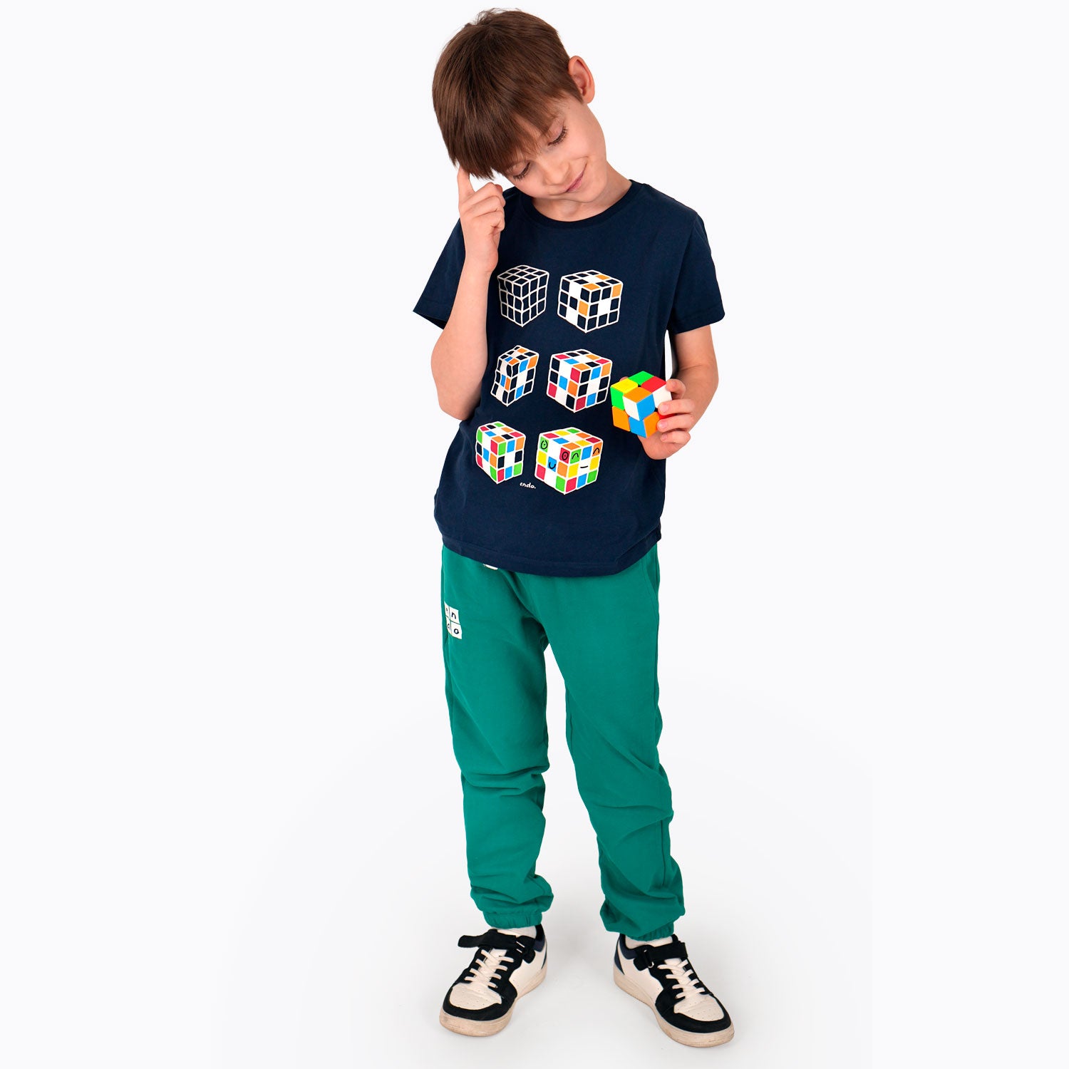 T-shirt z krótkim rękawem dla chłopca, z kostkami Rubika, granatowy 9-13 lat