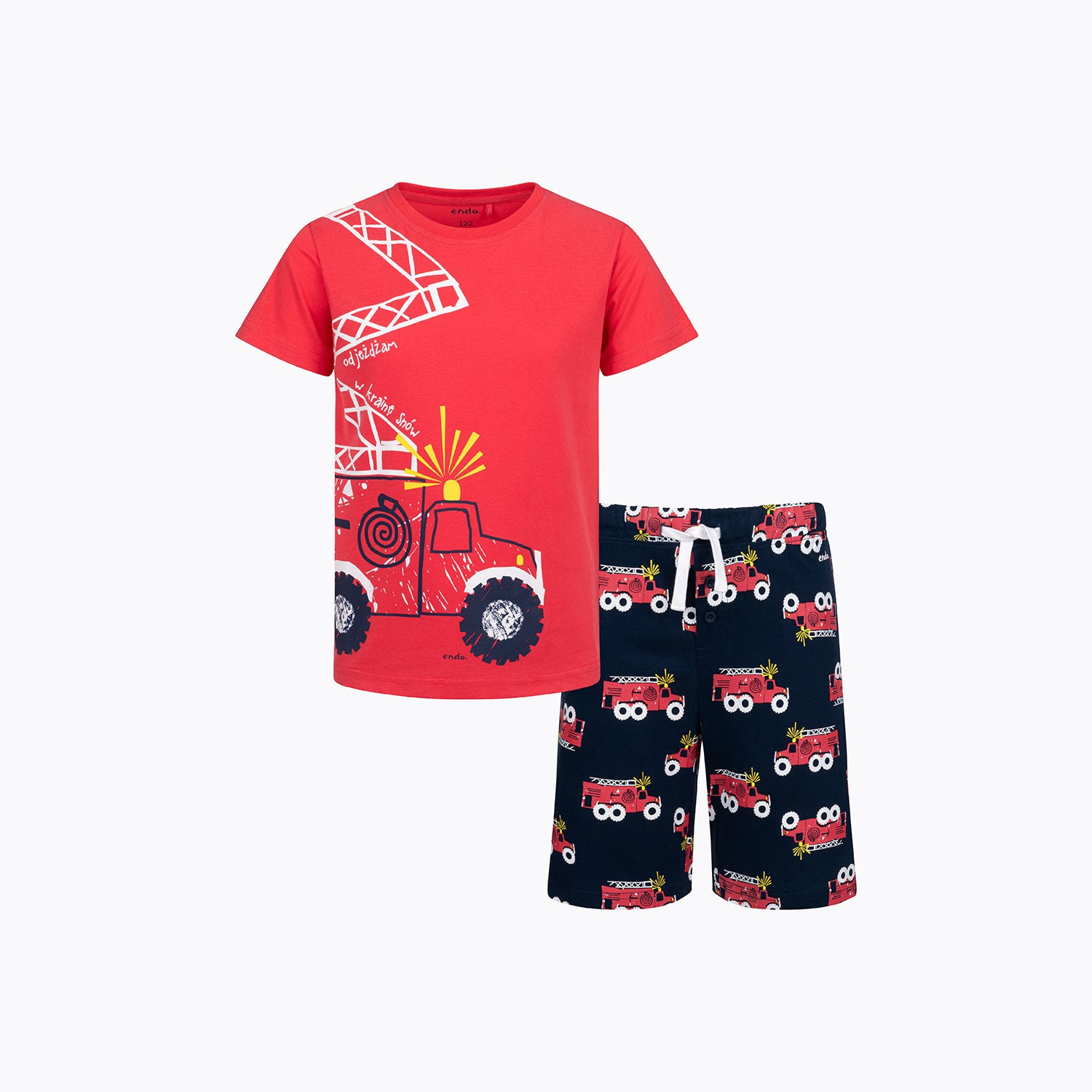 Piżama z krótkim rękawem dla chłopca, z wozem strażackim, czerwona 2-7lat