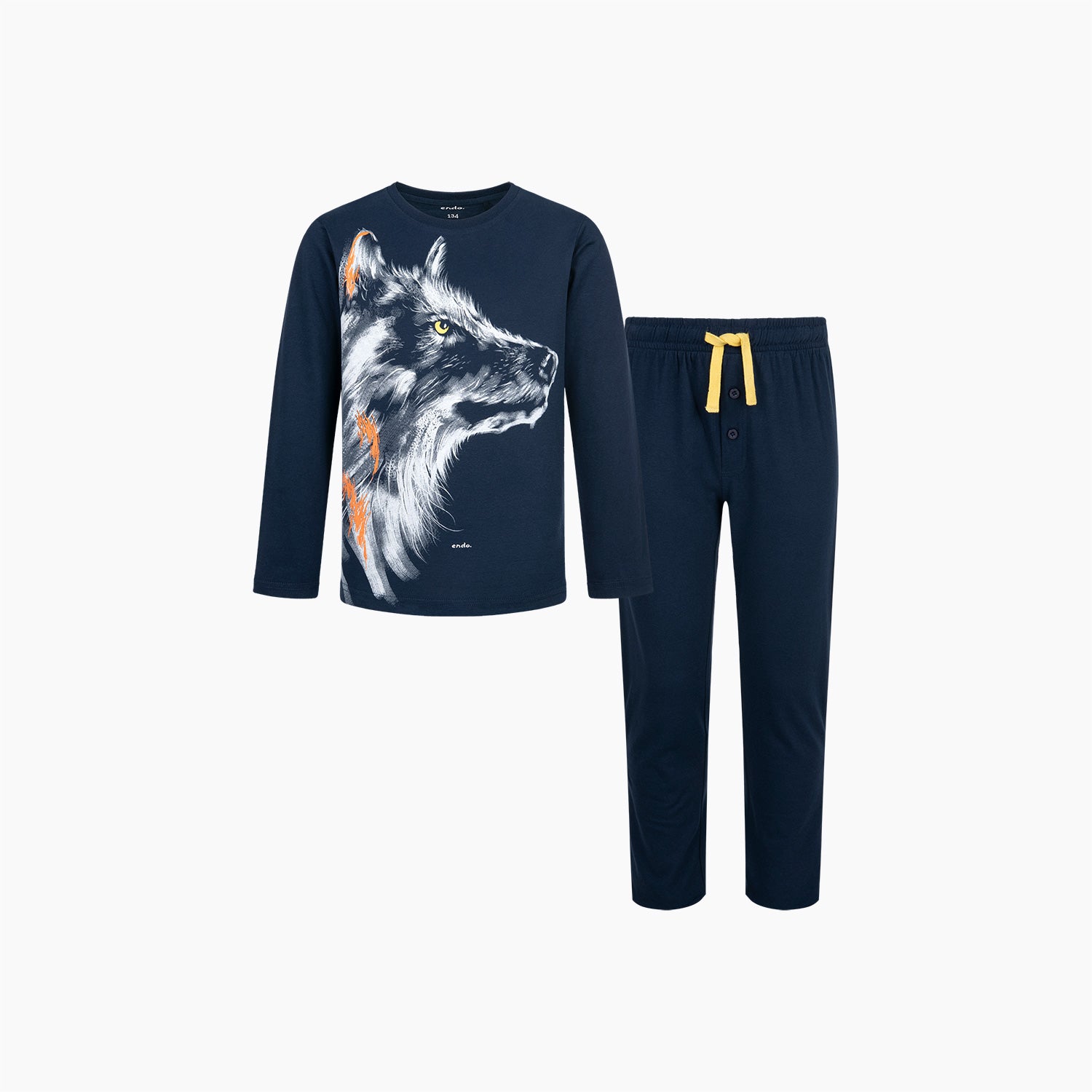 Piżama z długim rękawem dla chłopca, z wilkiem, granatowa 9-13 lat