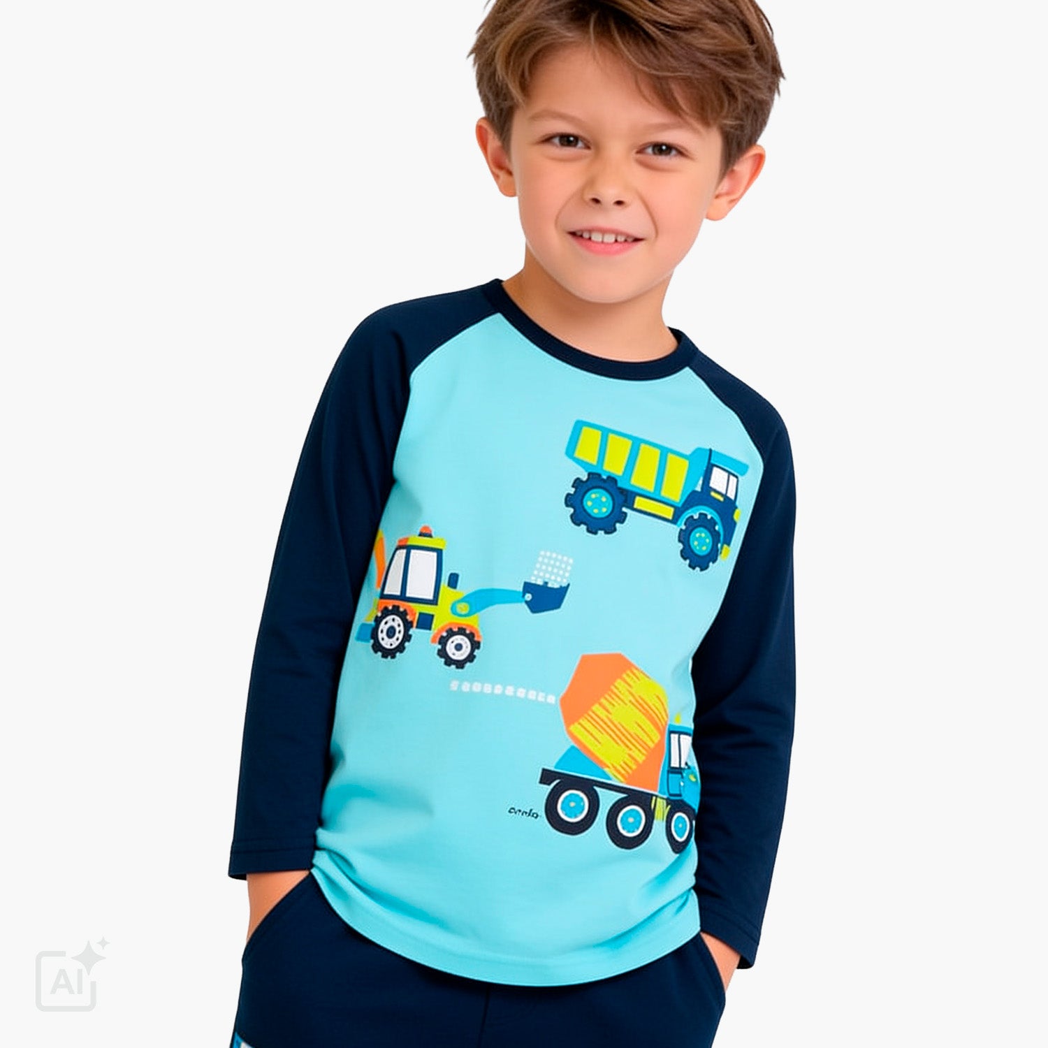T-shirt z długim rękawem dla chłopca 2-6 lat, niebieski z pojazdami