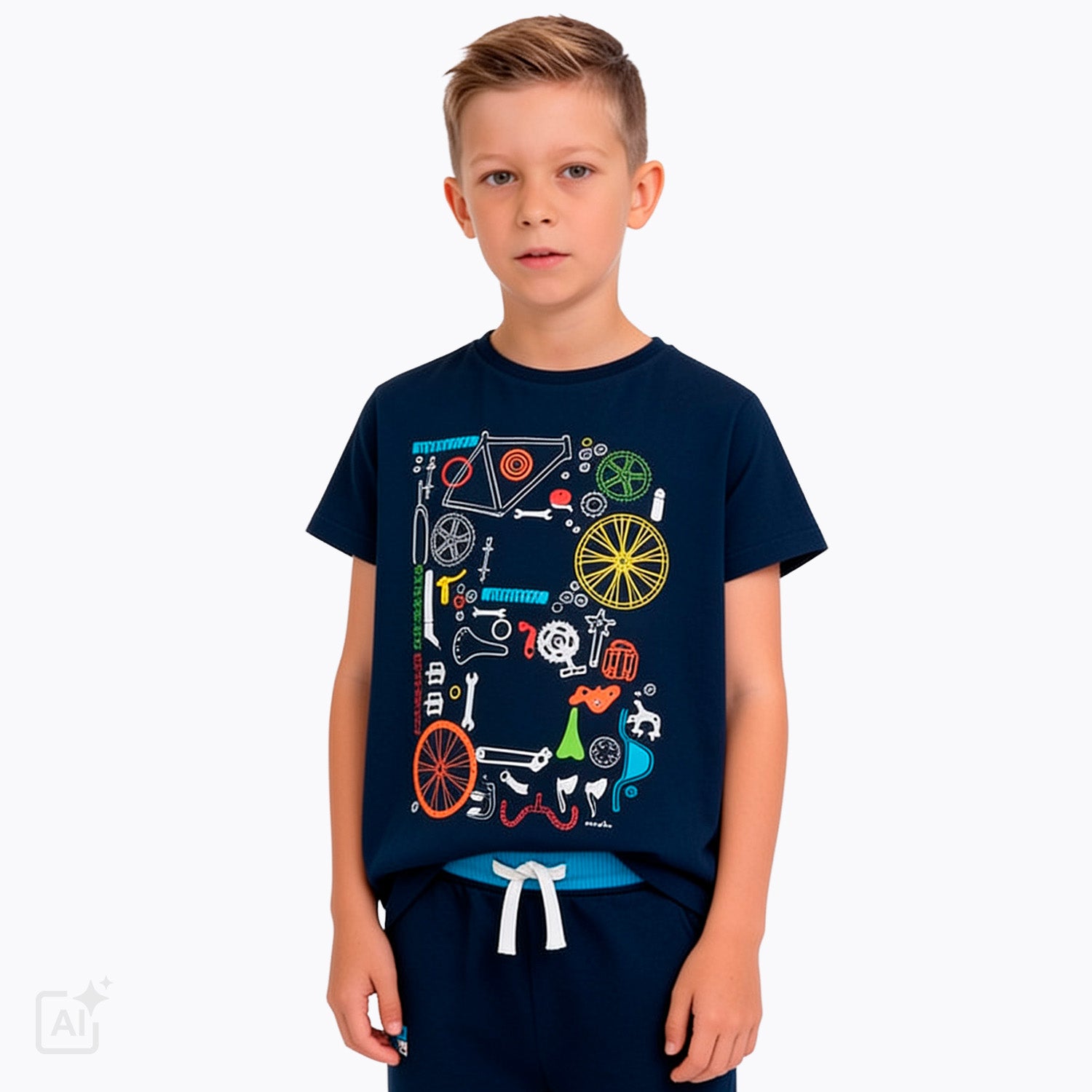 T-shirt z krótkim rękawem dla chłopca 9-13 lat, granatowy z motywem rowerowym