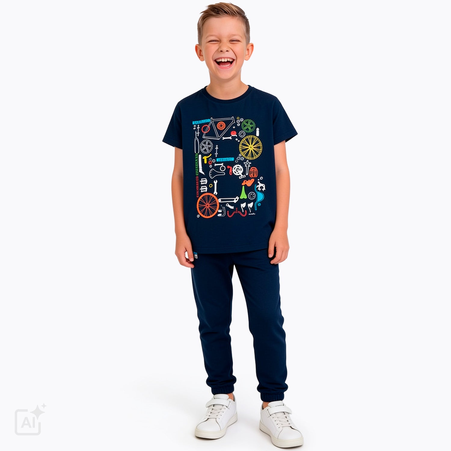 T-shirt z krótkim rękawem dla chłopca 9-13 lat, granatowy z motywem rowerowym