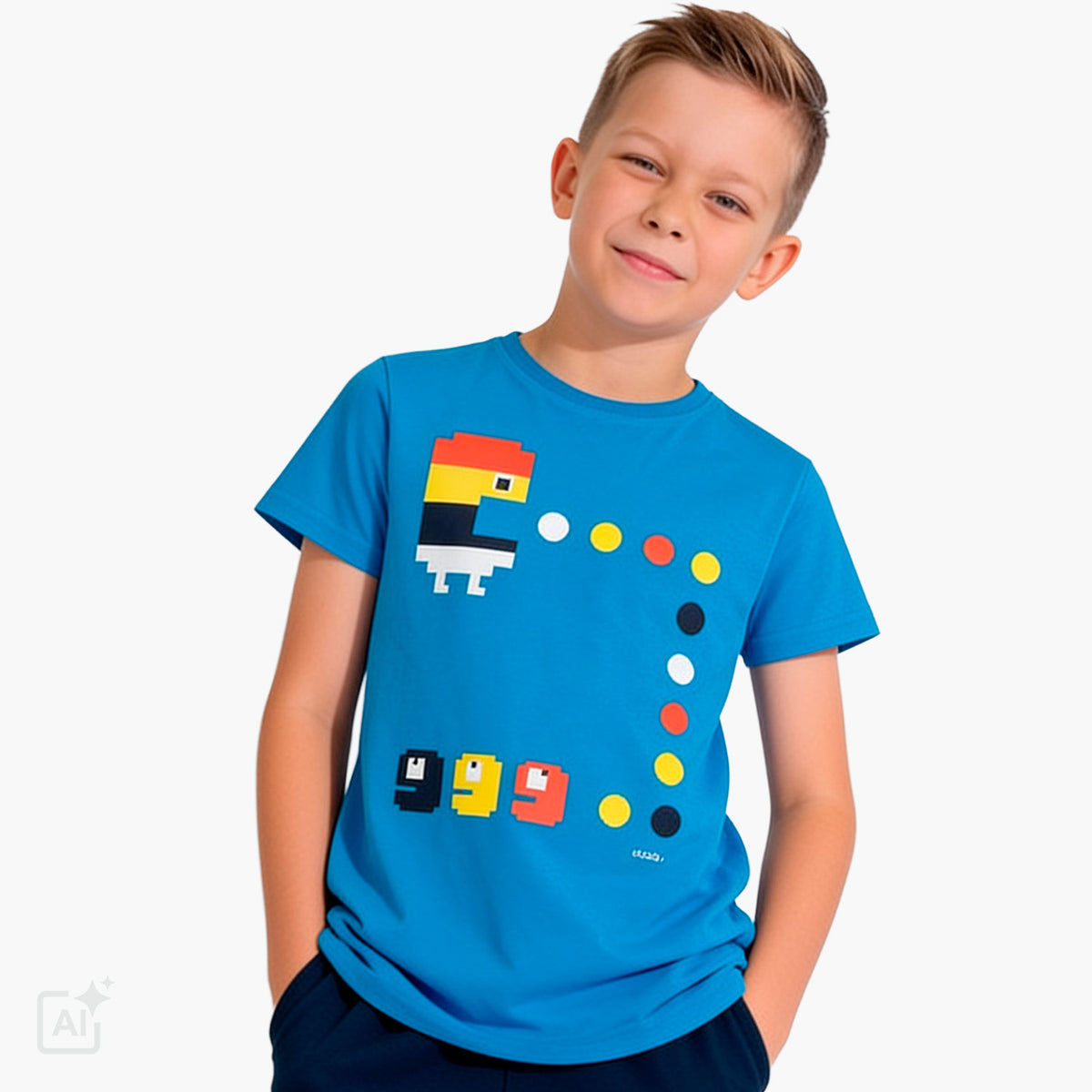 T-shirt z krótkim rękawem dla chłopca 9-13 lat, niebieski z motywem gry