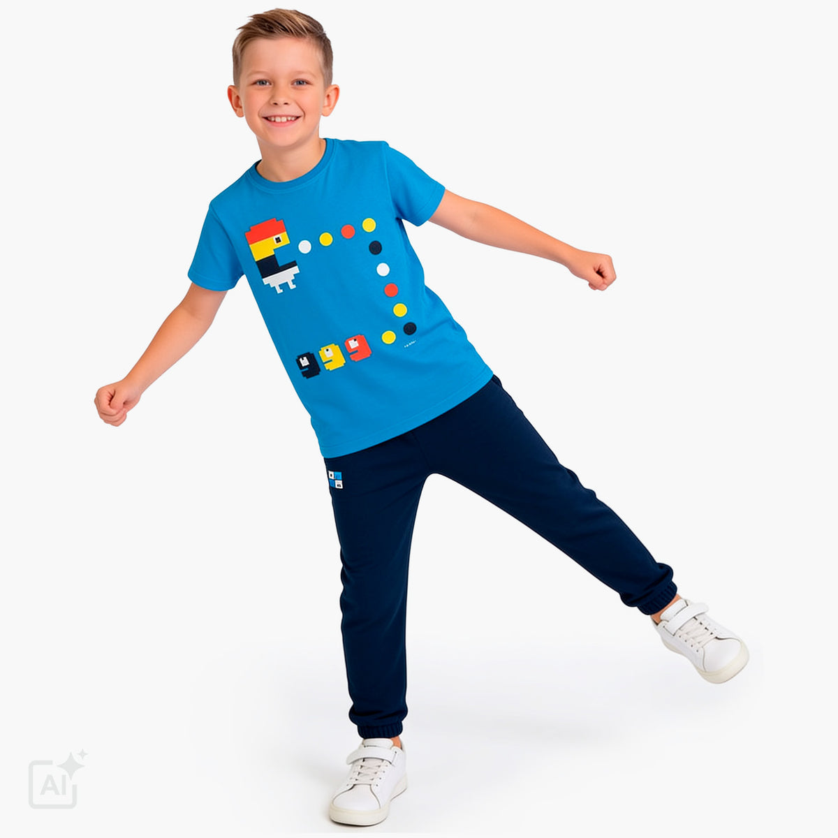 T-shirt z krótkim rękawem dla chłopca 9-13 lat, niebieski z motywem gry