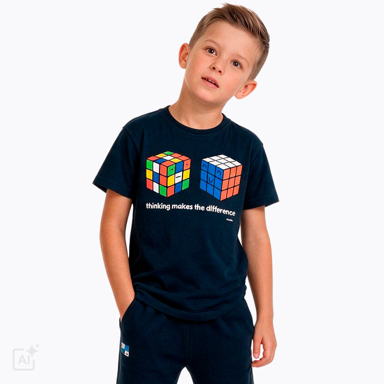 T-shirt z krótkim rękawem dla chłopca 9-13 lat, granatowy z kostkami rubika
