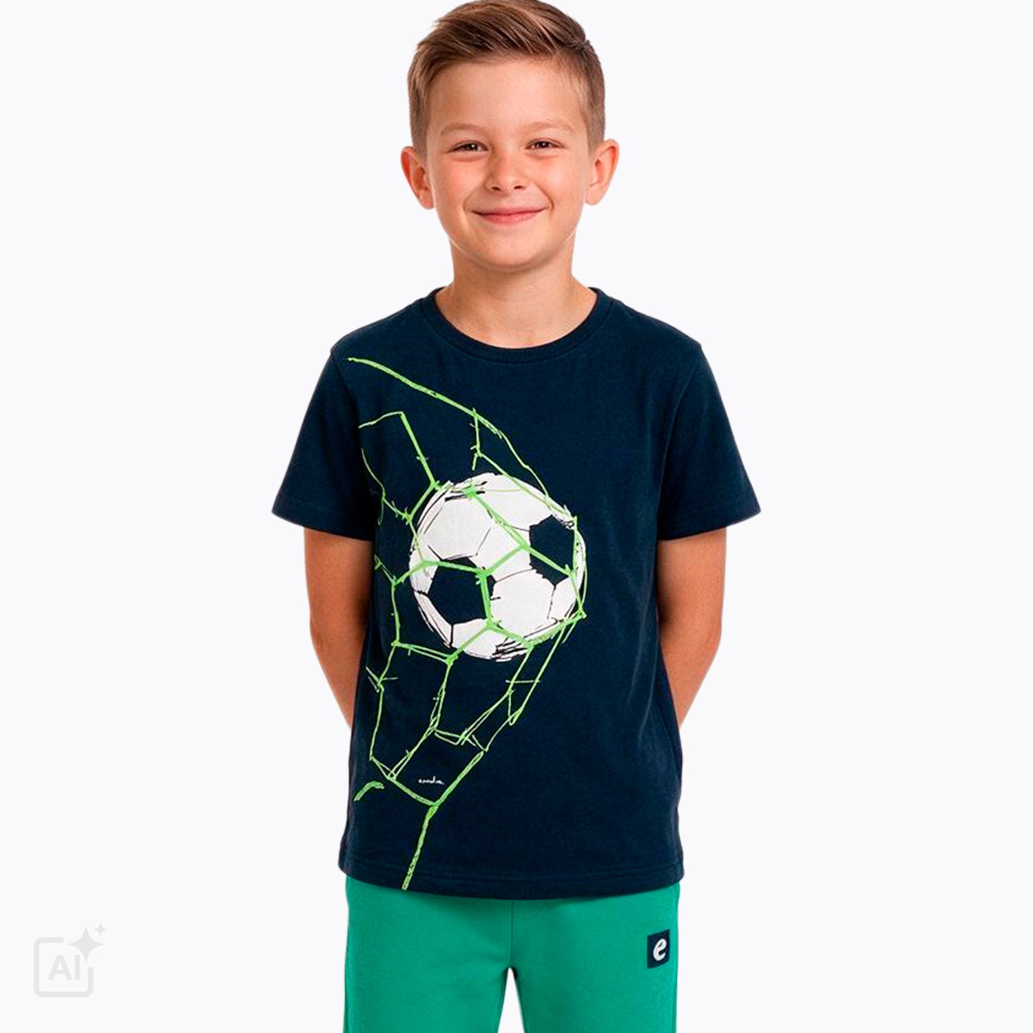 T-shirt z krótkim rękawem dla chłopca 9-13 lat, granatowa z piłką w siatce