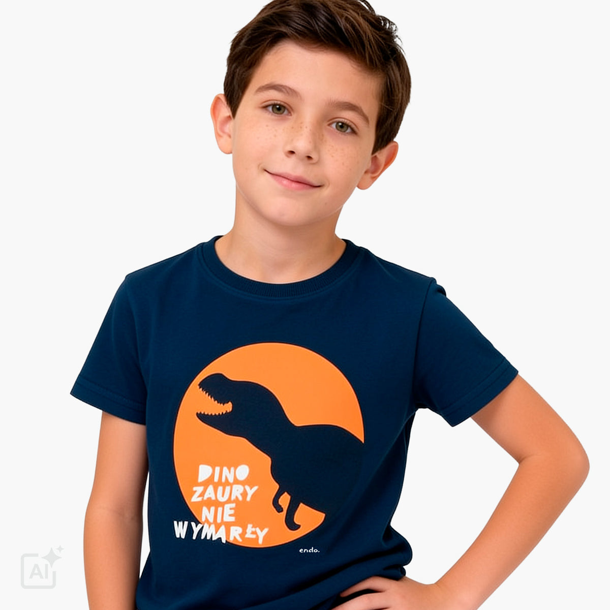 T-shirt z krótkim rękawem dla chłopca 9-13 lat, granatowy z dinozaurem