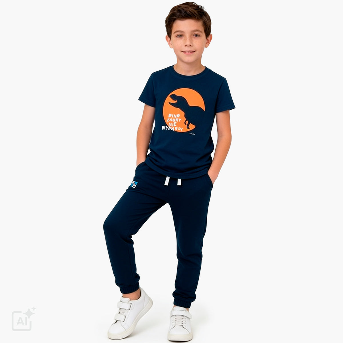 T-shirt z krótkim rękawem dla chłopca 9-13 lat, granatowy z dinozaurem