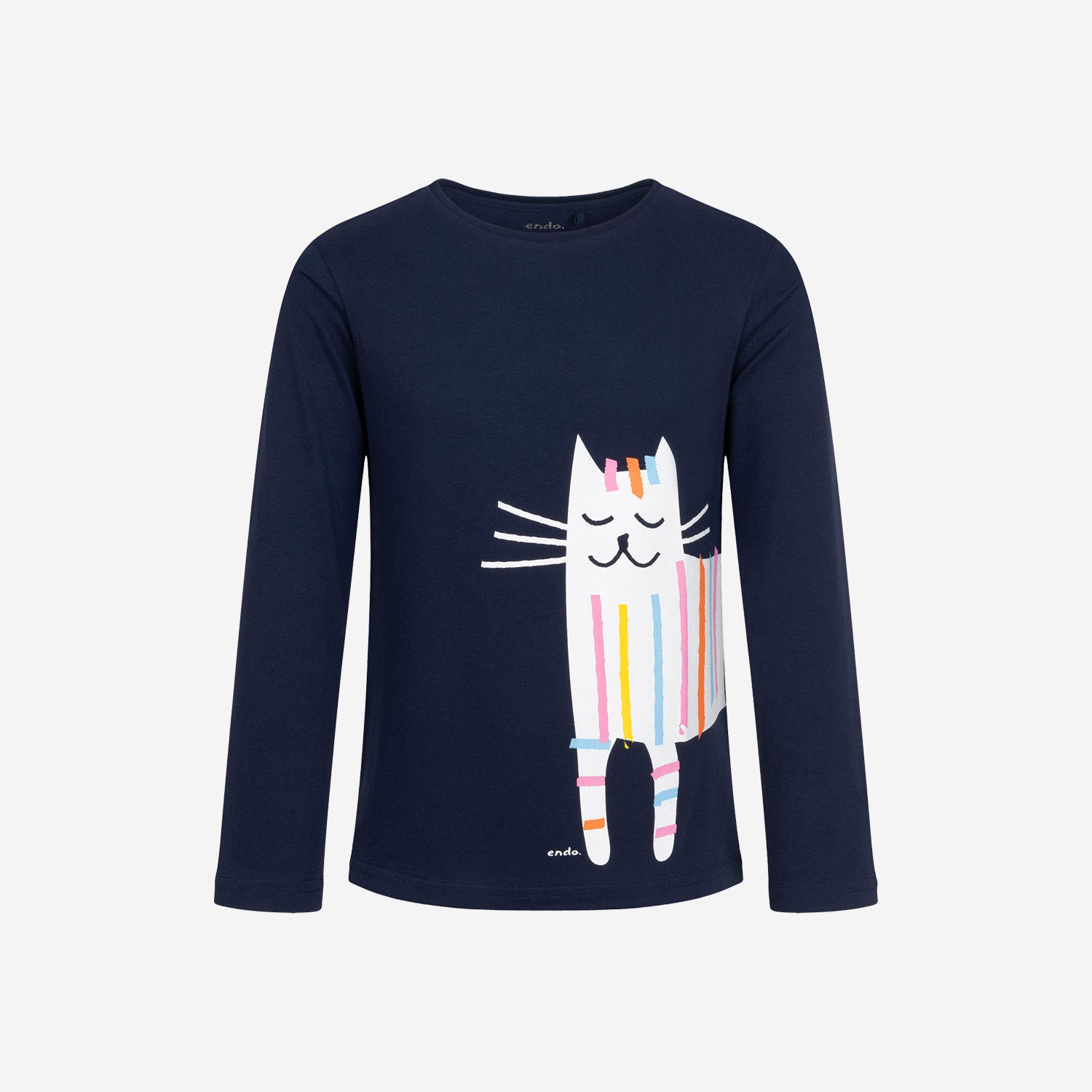 T-shirt z długim rękawem dla dziewczynki, z kotem kreskowym, granatowy, 2-8 lat