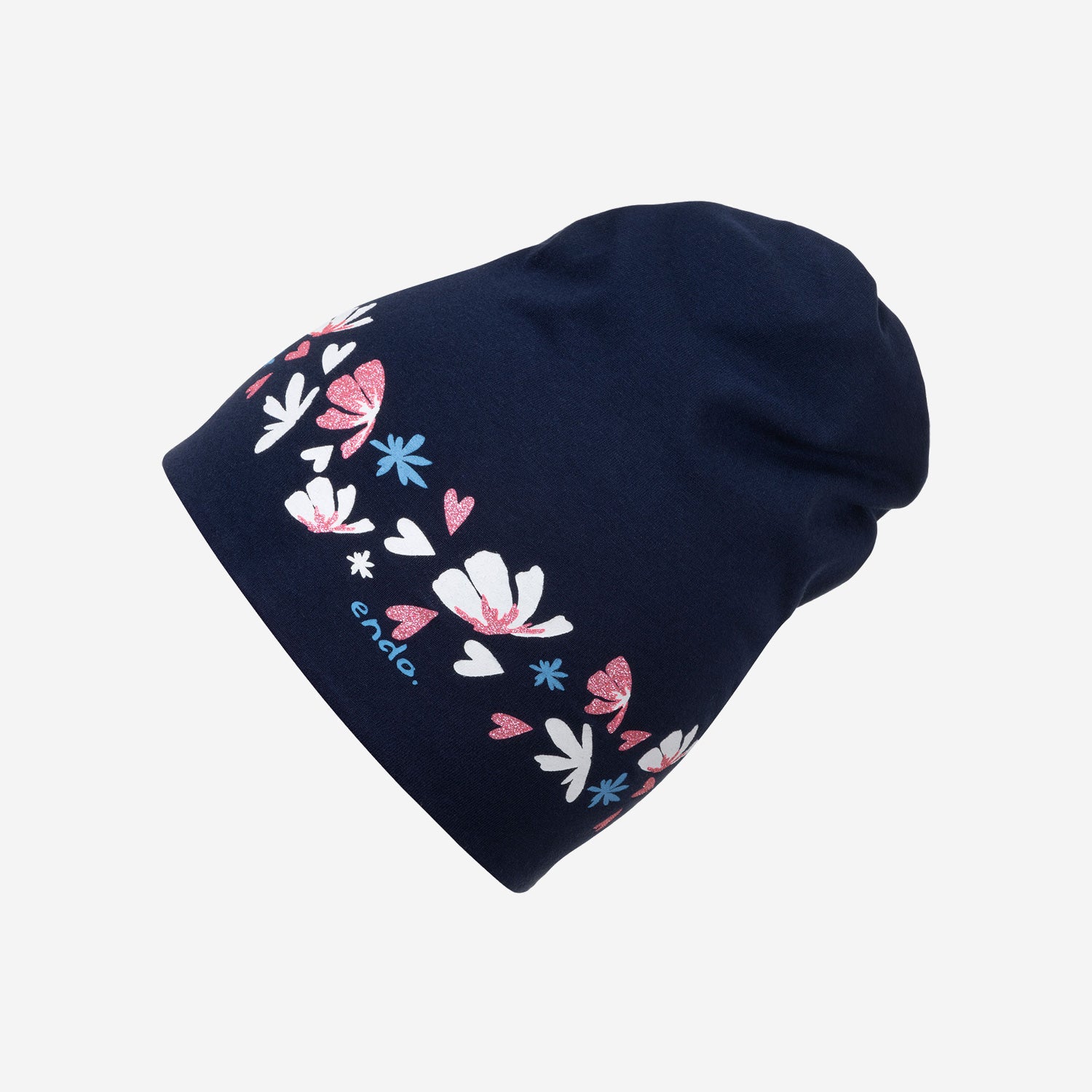 Czapka cienka dla dziecka, w kwiaty, z brokatem, granatowa