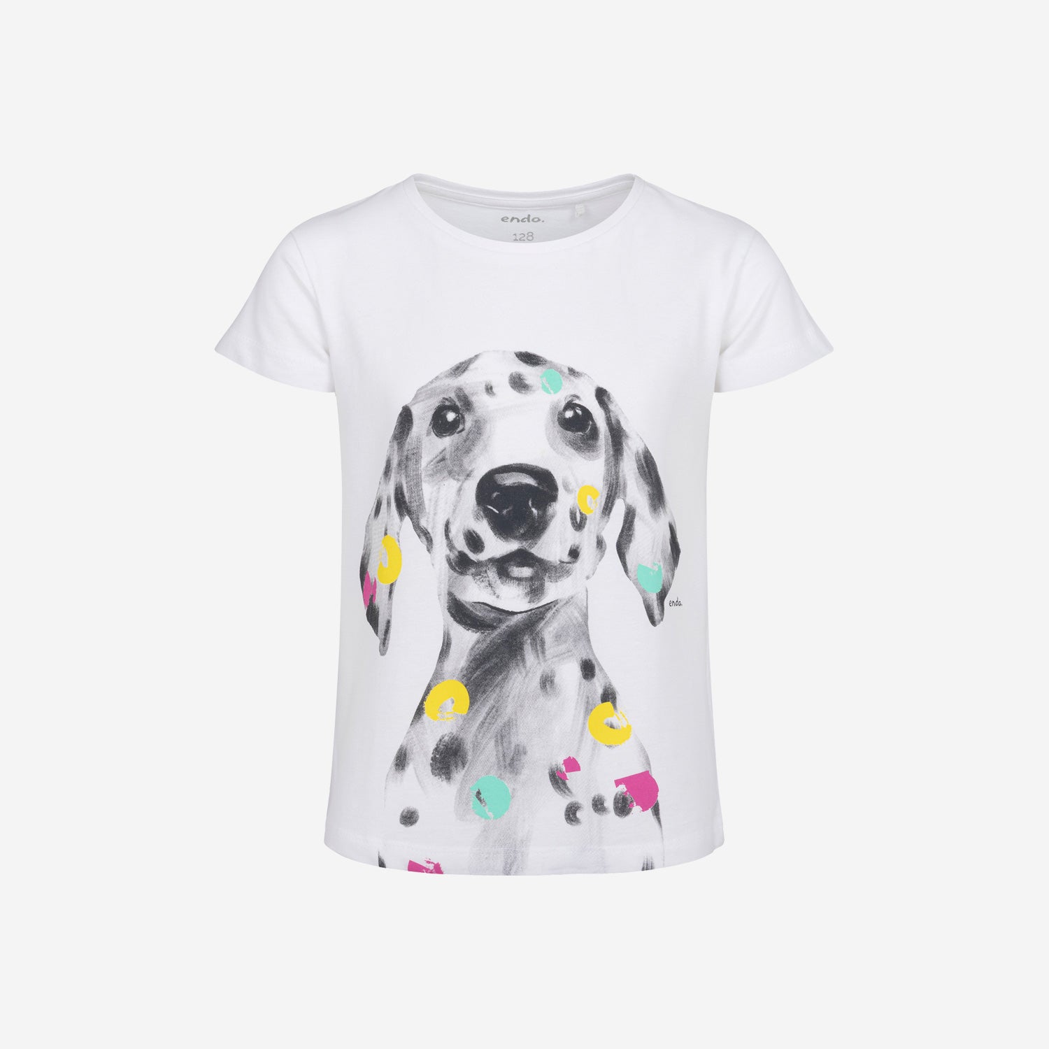 T-shirt z krótkim rękawem dla dziewczynki, z dalmatyńczykiem, biały 3-8 lat