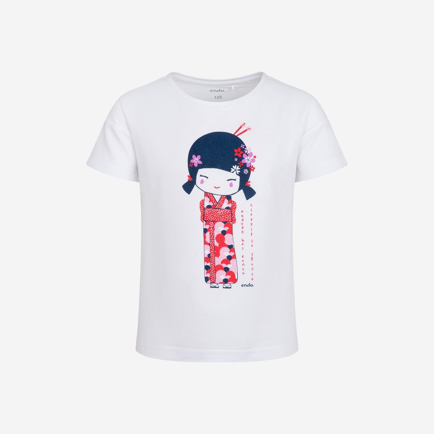 T-shirt z krótkim rękawem dla dziewczynki, z motywem gejszy, biały 3-8 lat