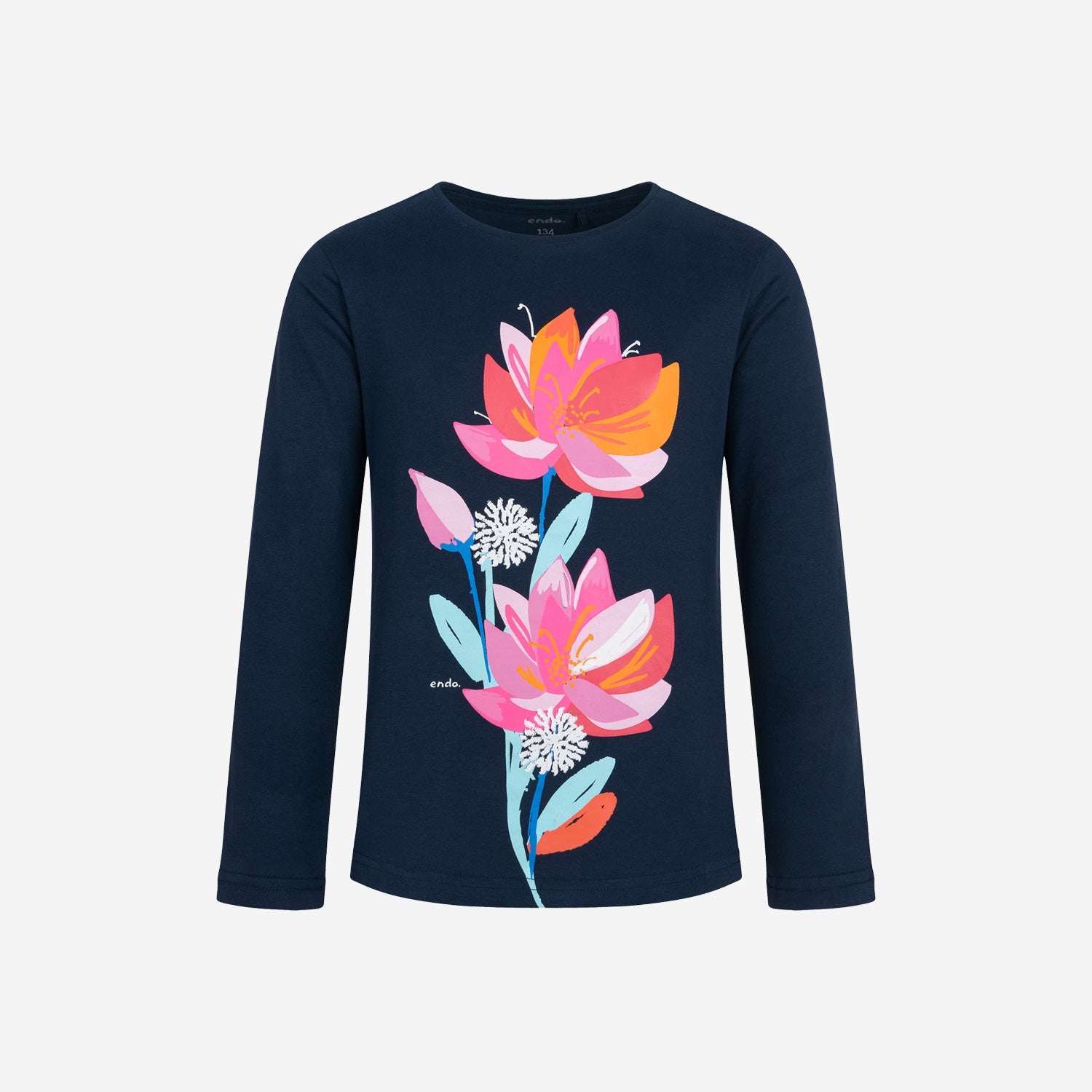 Long-sleeved T-shirt for girls, with a floral motif, navy blue, 9-13 years old
