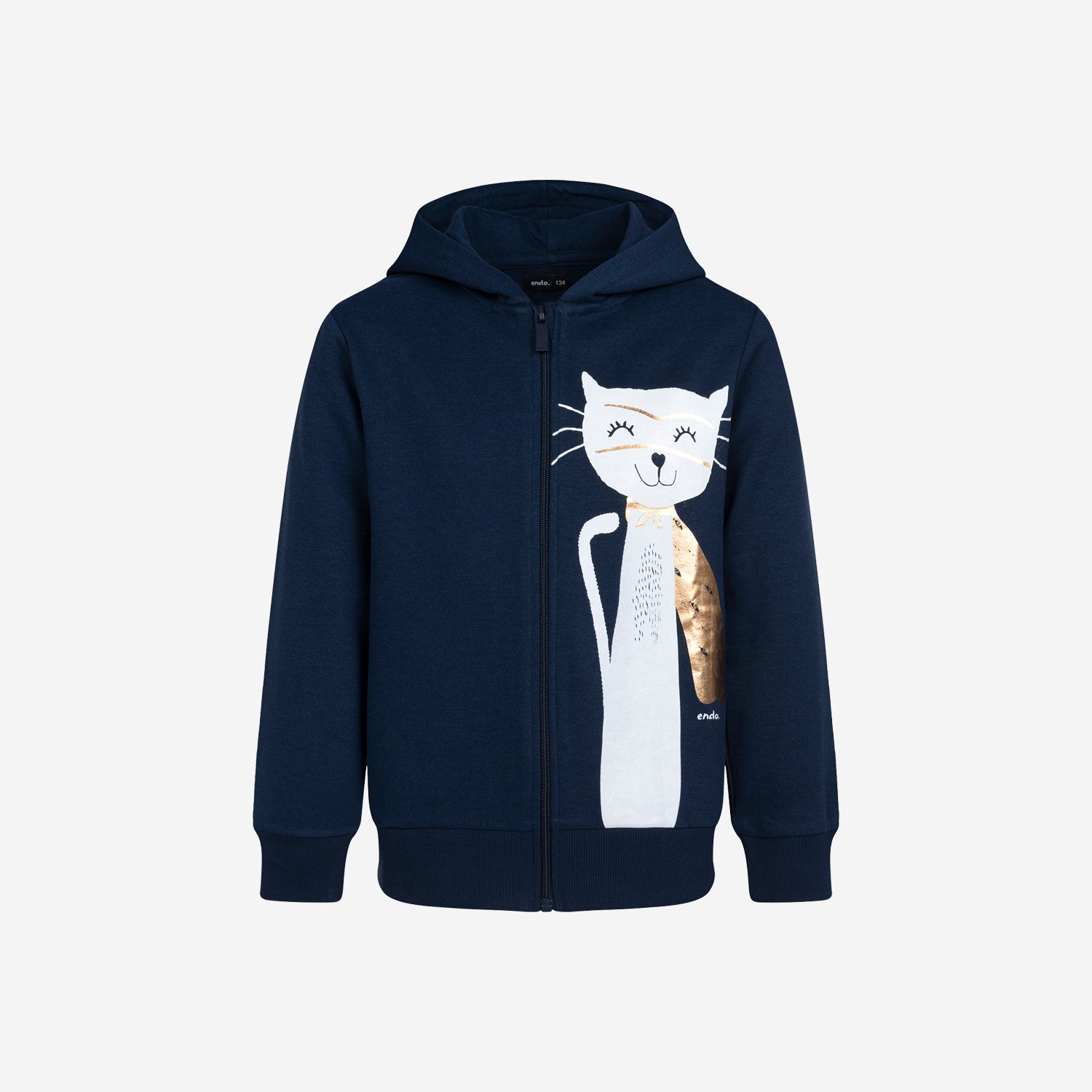 Long-sleeved zip-up sweatshirt for girls, with a cat, navy blue, 3-8 years old