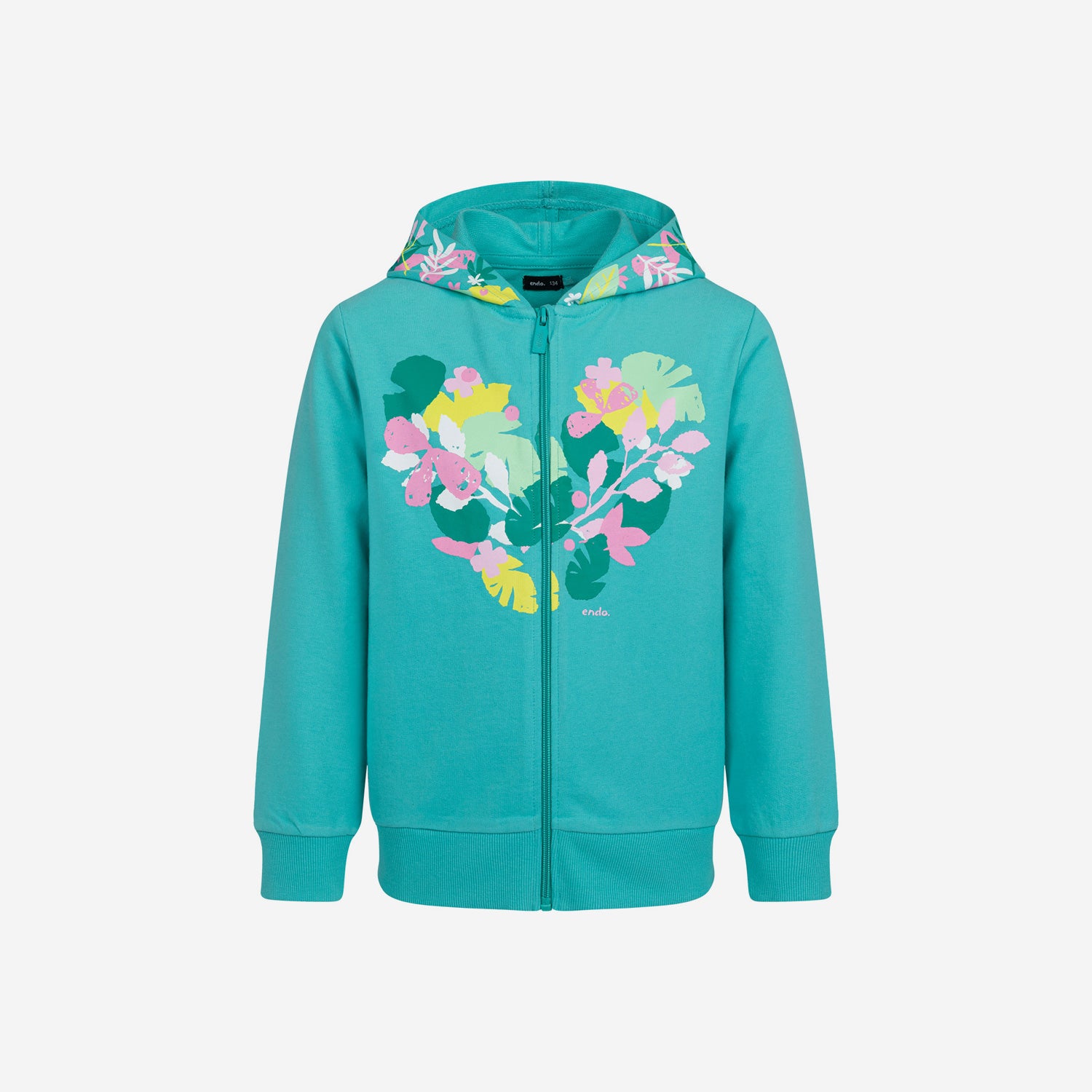 Long-sleeved floral zip-up sweatshirt for girls, green, 3-8 years old