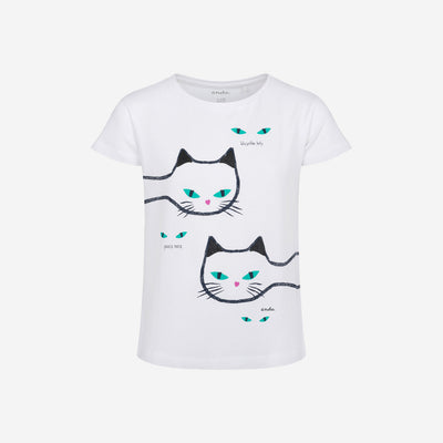 T-shirt z krótkim rękawem dla dziewczynki, z kotami, biały 3-8 lat