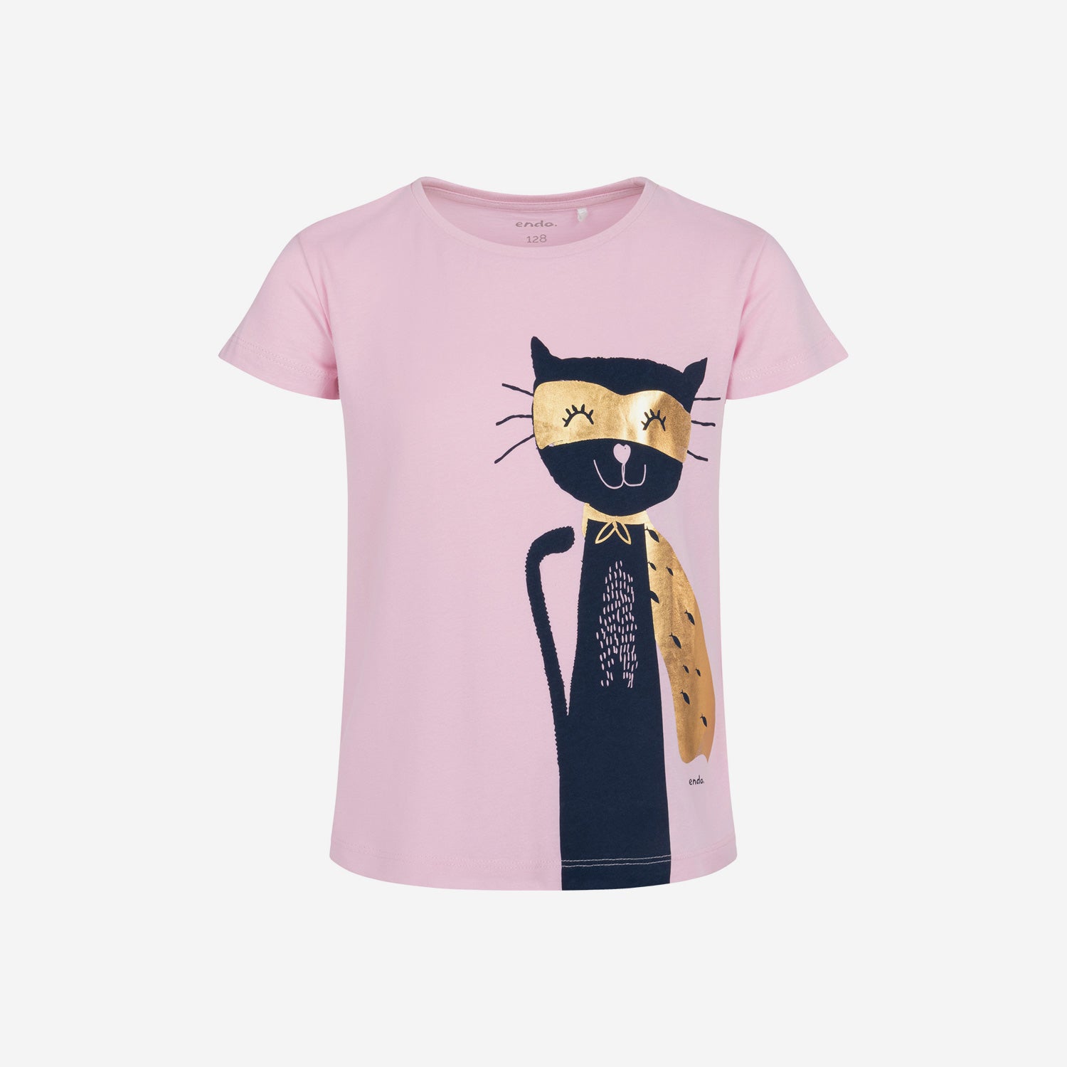Short-sleeved T-shirt for girls, with a cat, pink, 3-8 years old