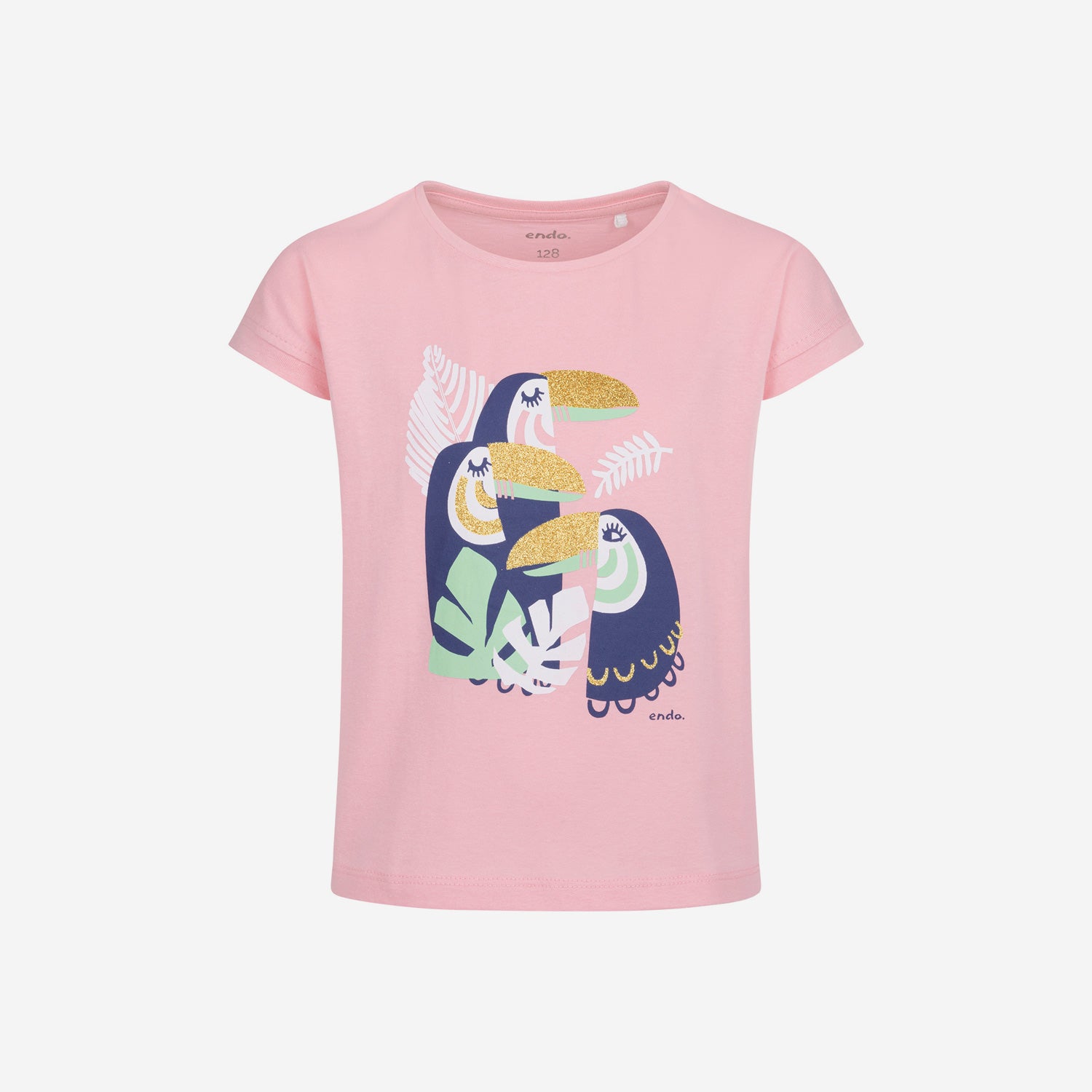 Short-sleeved T-shirt for girls, with toucans, pink, 3-8 years old