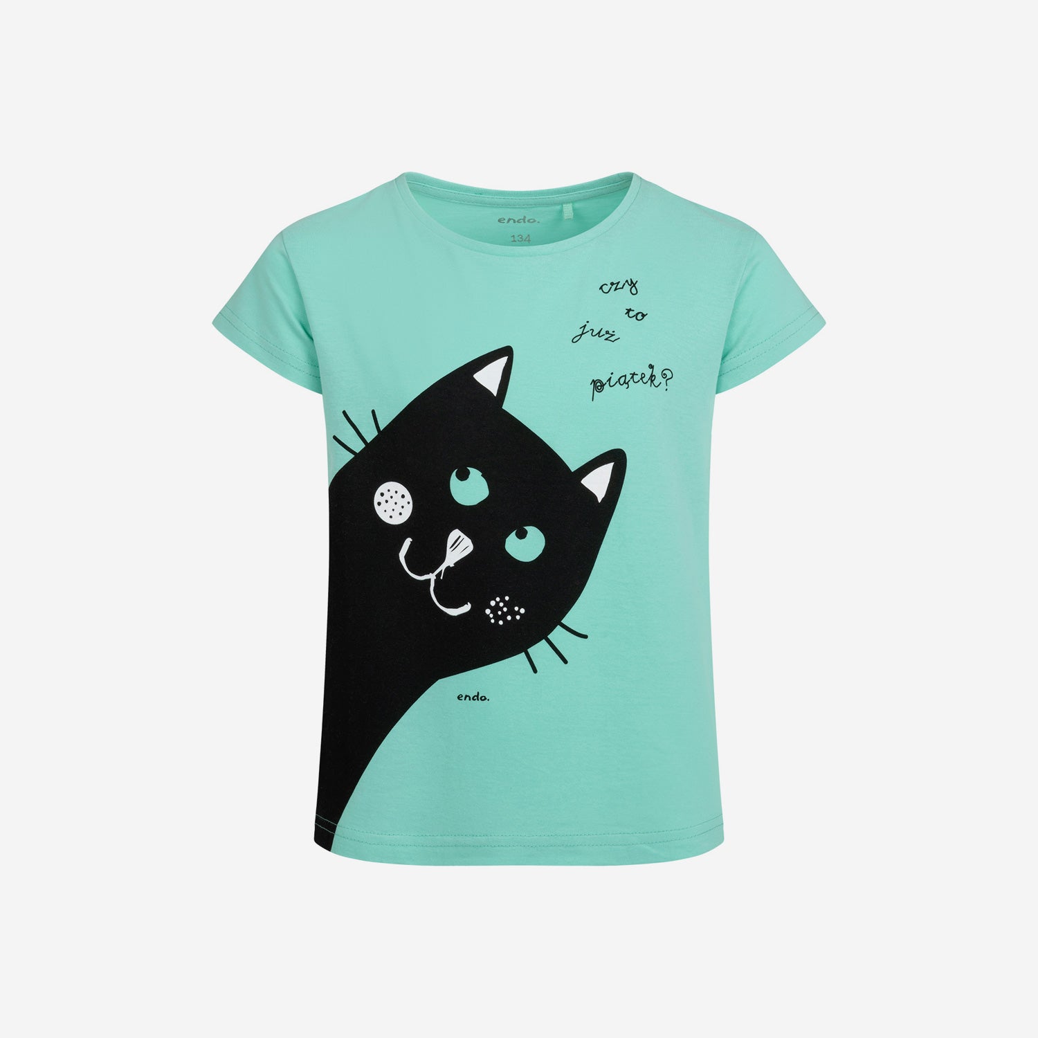 Short-sleeved T-shirt for girls, with a cat, green, 9-13 years old