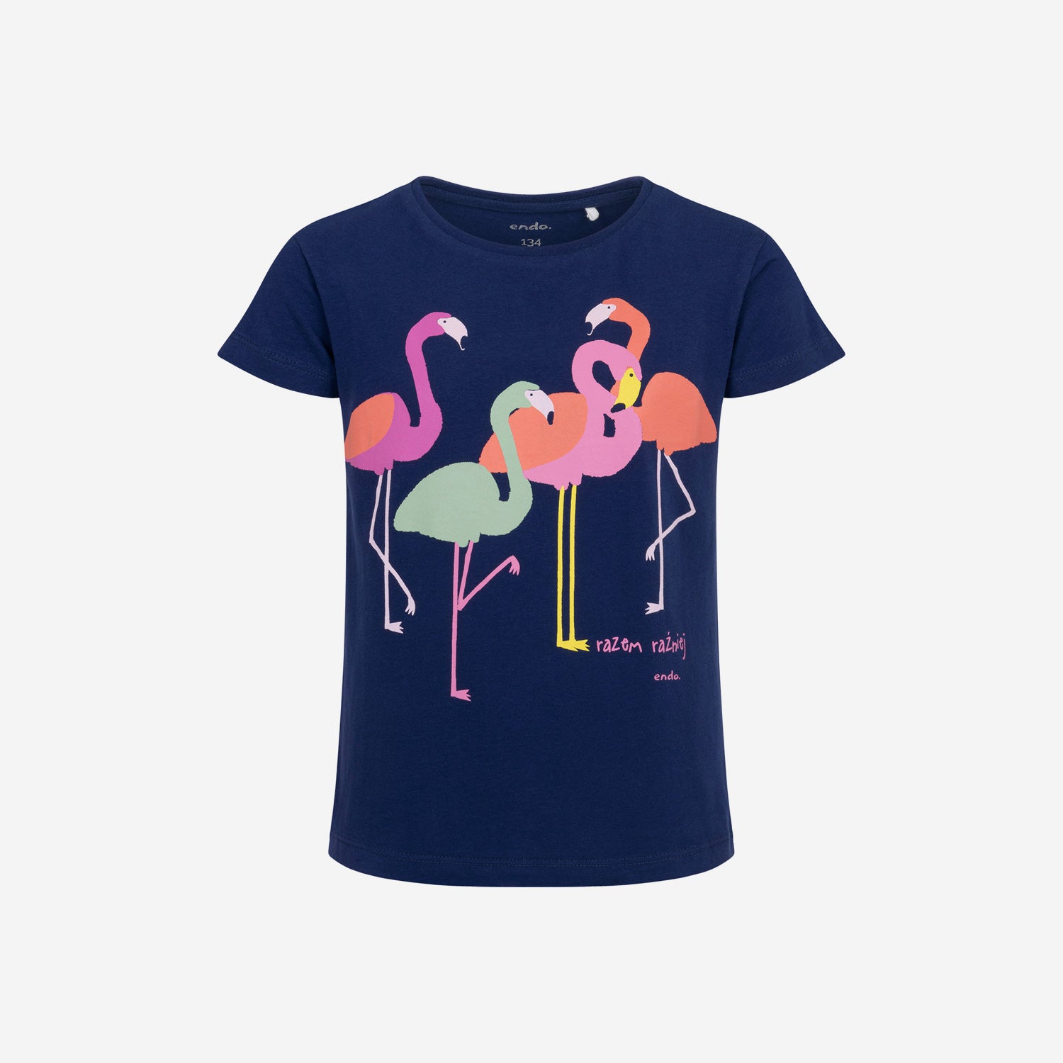 Short-sleeved T-shirt for girls, with flamingos, navy blue, 9-13 years old