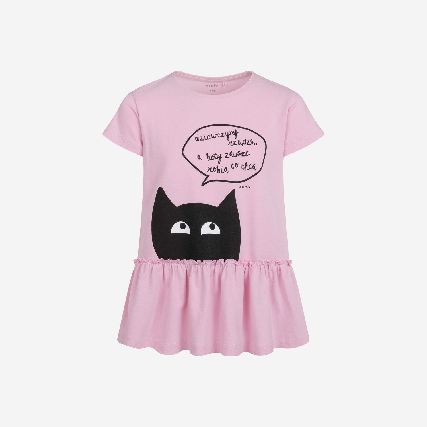 Short-sleeved tunic for girls, with a cat, pink, 3-8 years old