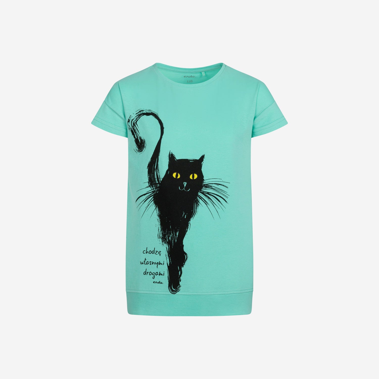 Short-sleeved tunic for girls, with a cat, green, 9-13 years old