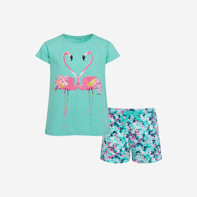 Short-sleeved flamingo pajama for girls, green, 3-8 years old