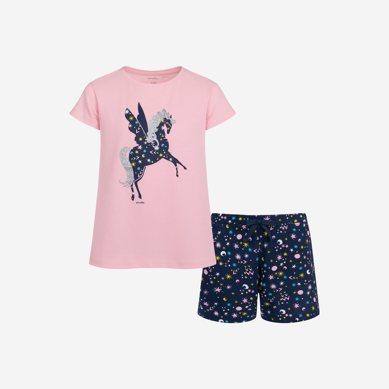 Girls' short-sleeved pajama set with a unicorn, pink, 9-13 years old