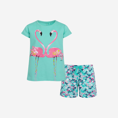 Short-sleeved flamingo pajama for girls, green, 9-13 years old