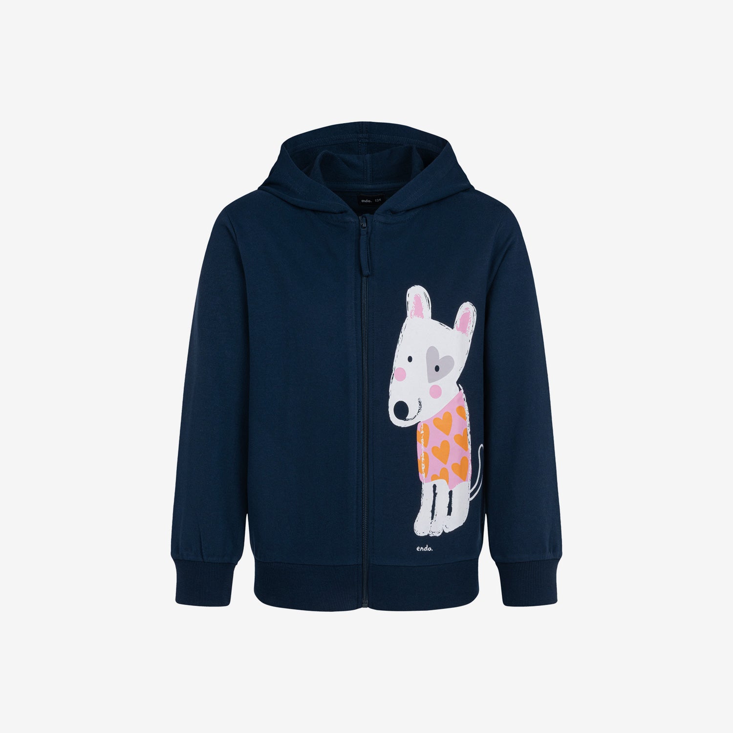 Zip-up hoodie for girls, with a dog, navy blue, 9-13 years old