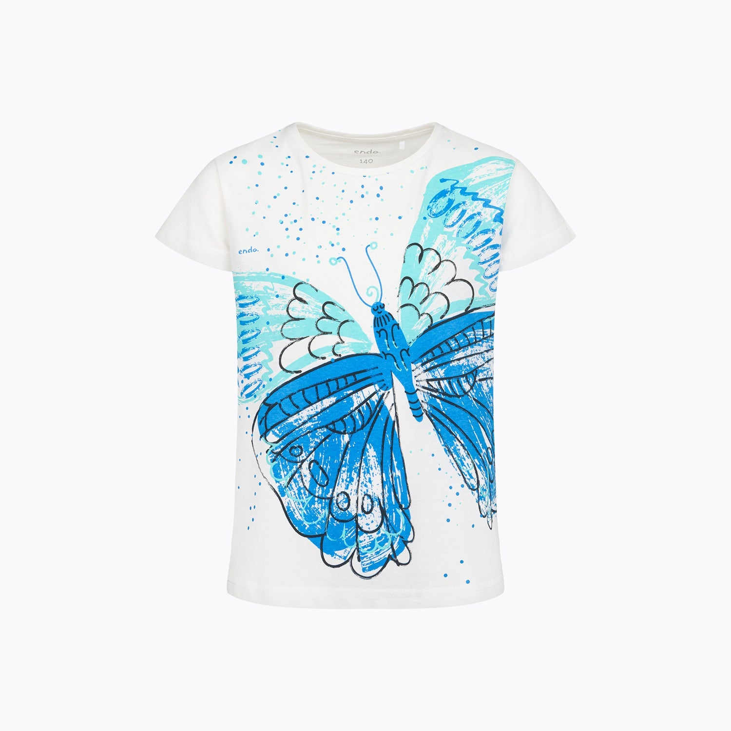 T-shirt z krótkim rękawem dla dziewczynki 3-8 lat, biały duży niebieski motyl