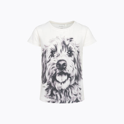 T-shirt z krótkim rękawem dla dziewczynki, z psem, biała 3-8 lat